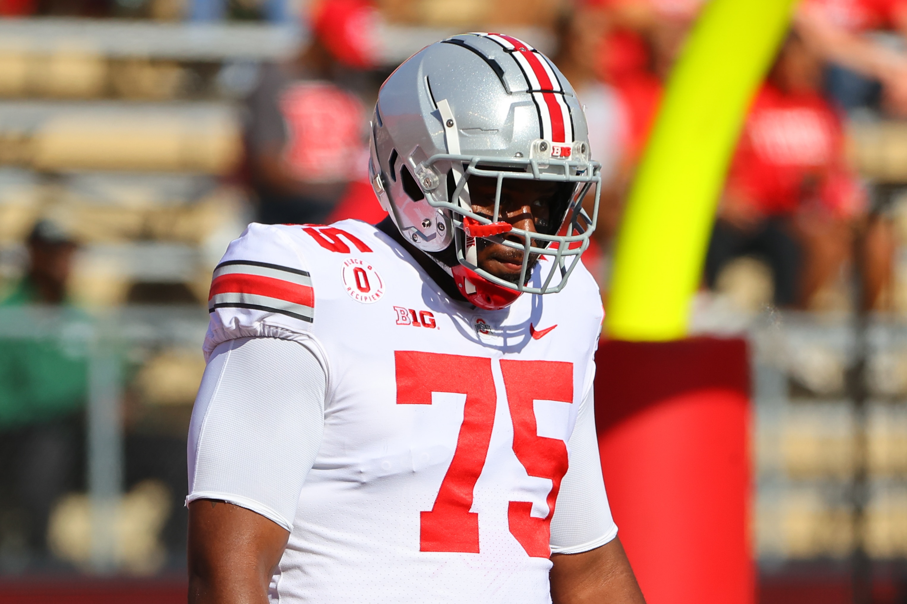PISCATAWAY, NJ - OCTOBER 02:  Ohio State Buckeyes offensive lineman Thayer Munford (75)  warms up prior to the college football game between the Ohio State Buckeyes and Rutgers Scarlet Knights on October 2,2021 at SHI Stadium in Piscataway NJ.  (Photo by Rich Graessle/Icon Sportswire via Getty Images)