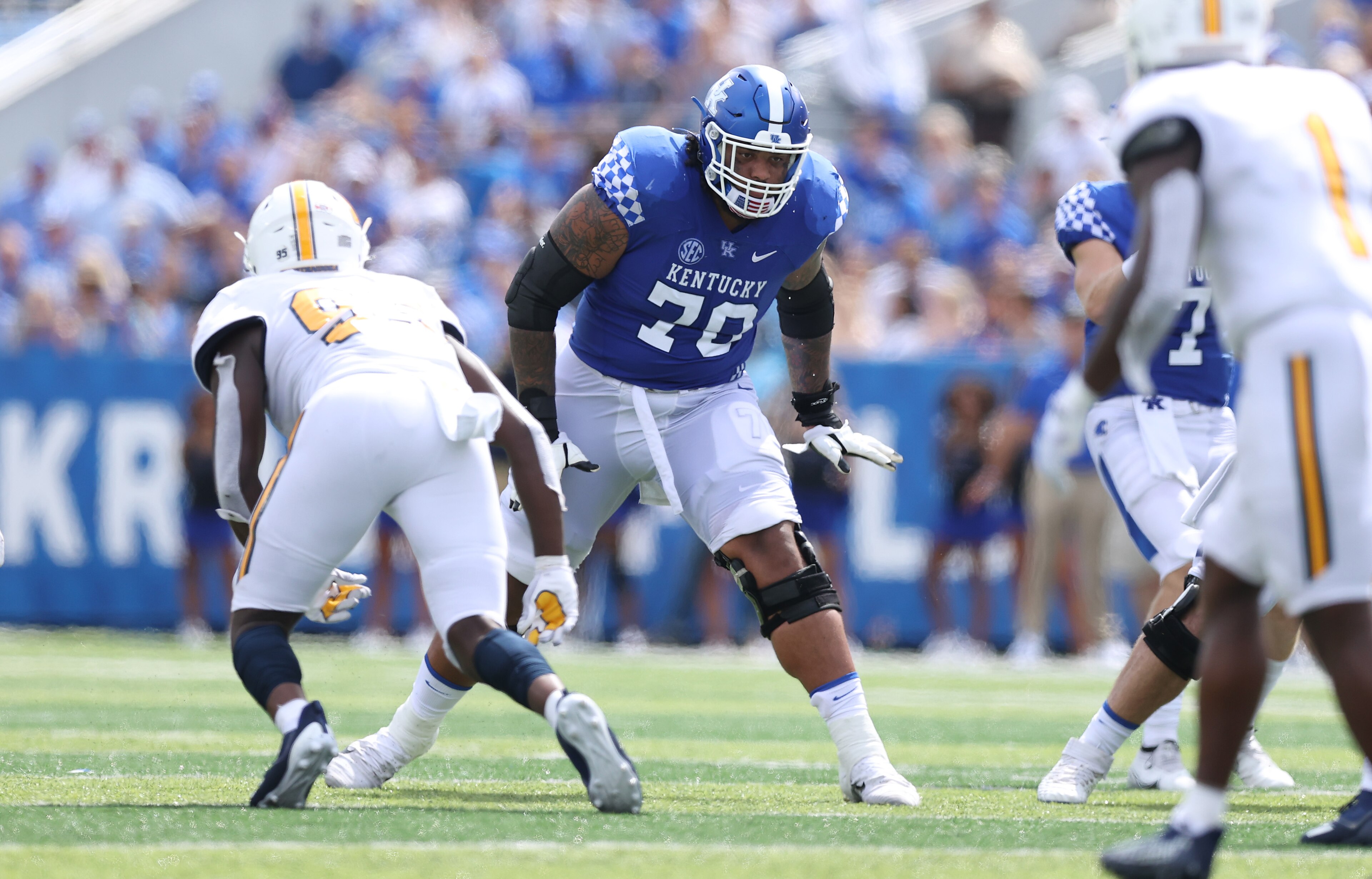 LEXINGTON, KENTUCKY - SEPTEMBER 18:  Darian Kinnard #70 of the Kentucky Wildcats against Chattanooga Mocs at Kroger Field on September 18, 2021 in Lexington, Kentucky. (Photo by Andy Lyons/Getty Images)