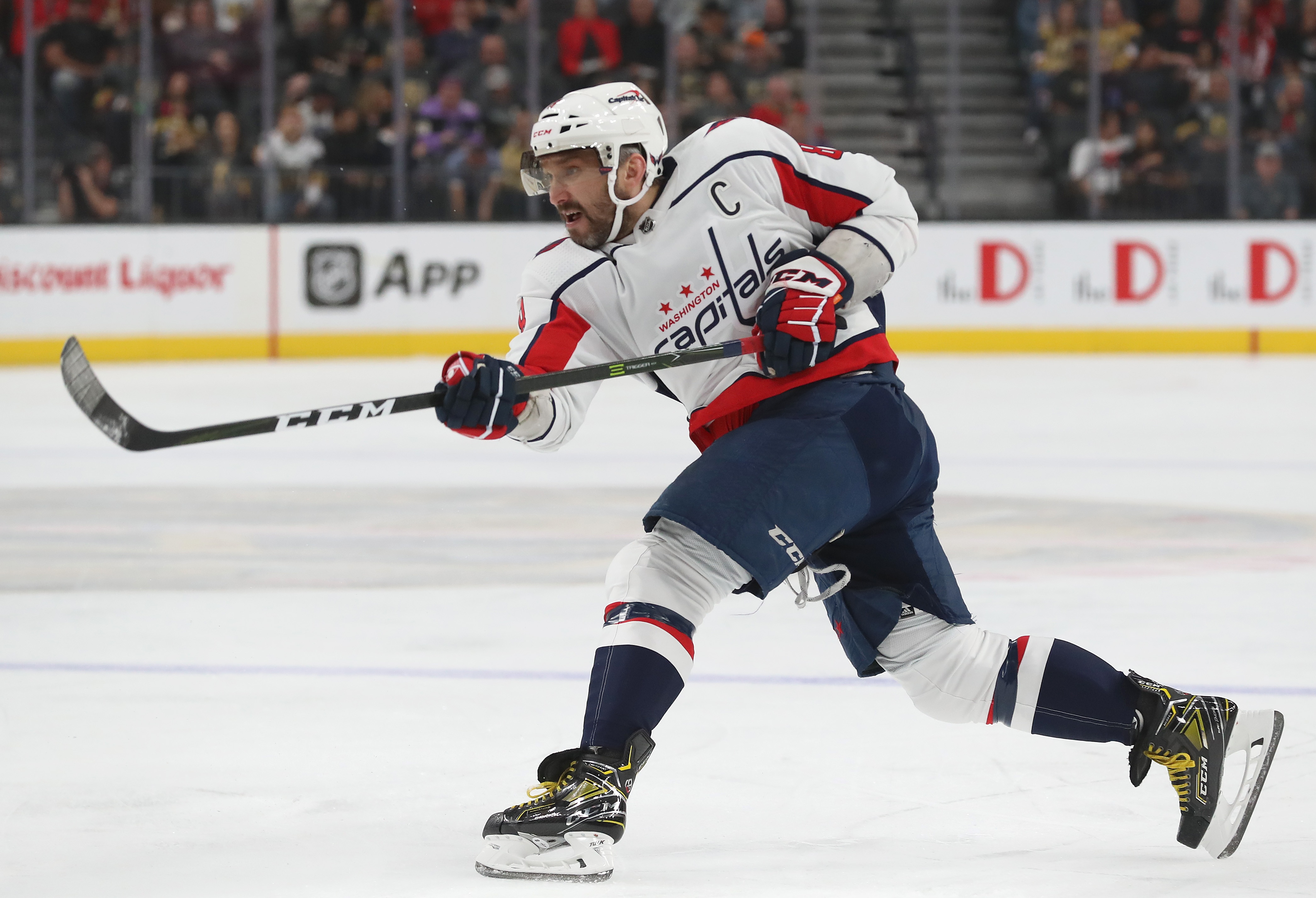 LAS VEGAS, NEVADA - APRIL 20: Alex Ovechkin #8 of the Washington Capitals shoots the puck during the first period of a game against the Vegas Golden Knights at T-Mobile Arena on April 20, 2022 in Las Vegas, Nevada. (Photo by Zak Krill/NHLI via Getty Images)