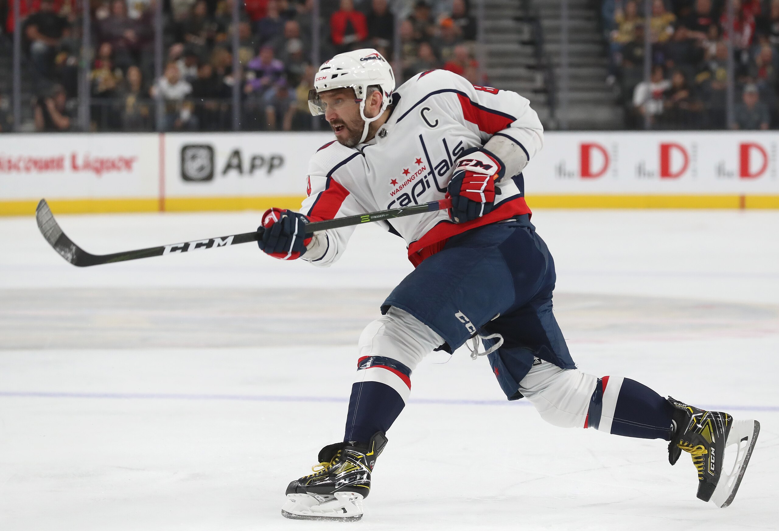 LAS VEGAS, NEVADA - APRIL 20: Alex Ovechkin #8 of the Washington Capitals shoots the puck during the first period of a game against the Vegas Golden Knights at T-Mobile Arena on April 20, 2022 in Las Vegas, Nevada. (Photo by Zak Krill/NHLI via Getty Images)