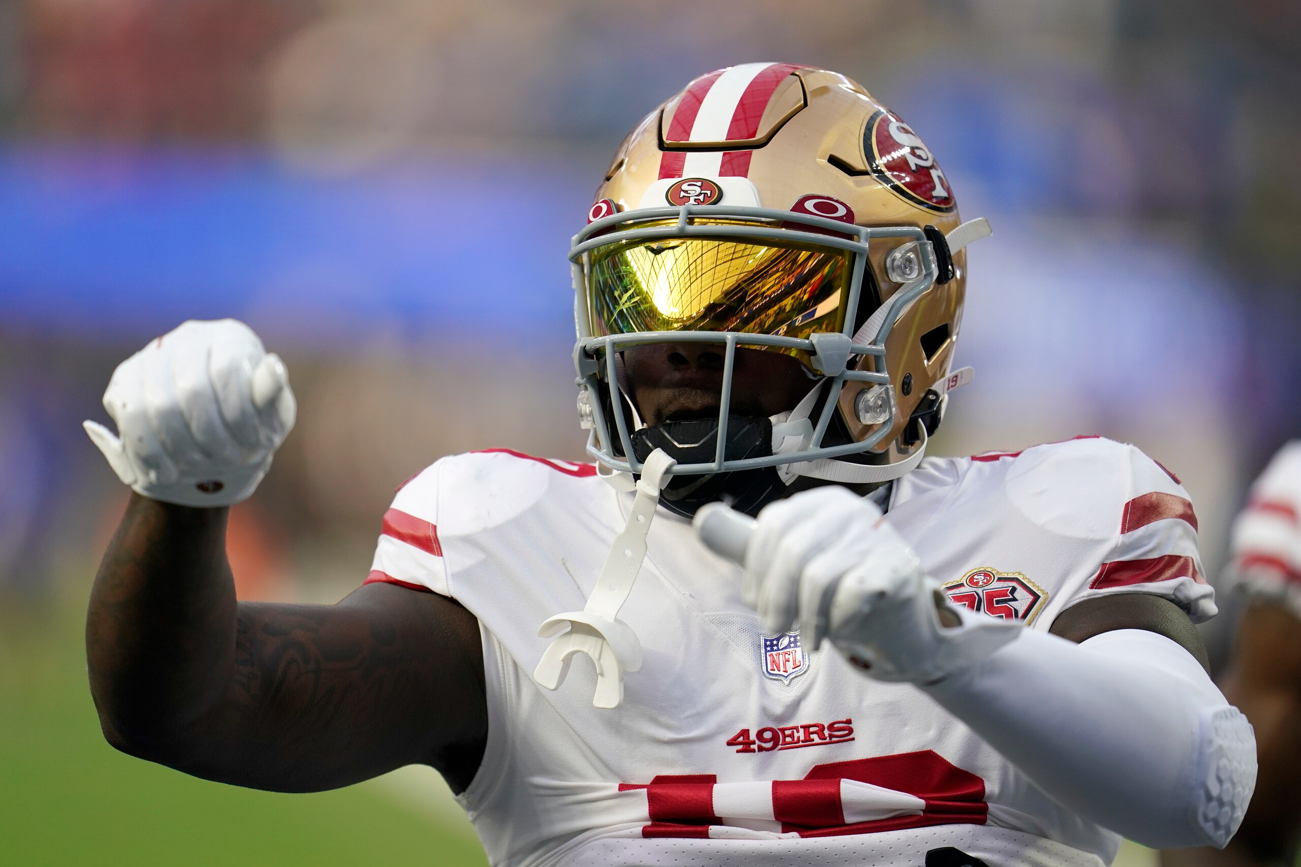 San Francisco 49ers' Deebo Samuel warms up before the NFC Championship NFL football game against the Los Angeles Rams Sunday, Jan. 30, 2022, in Inglewood, Calif. (AP Photo/Marcio Jose Sanchez)