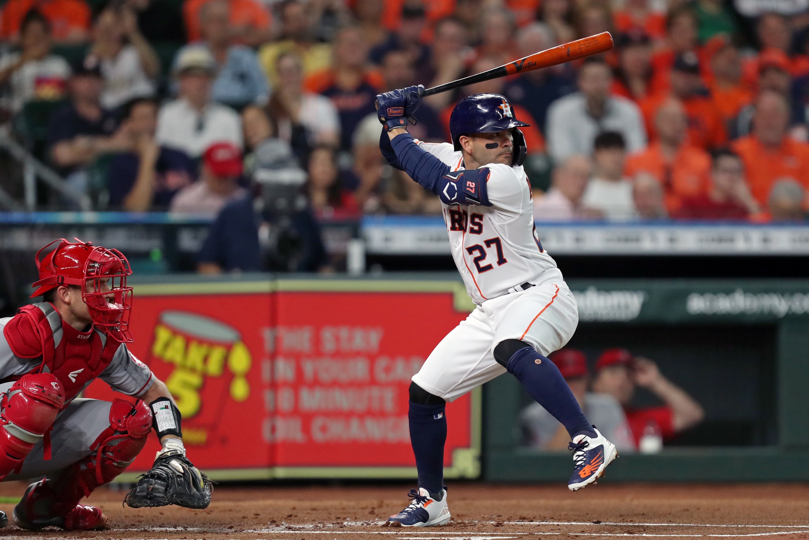 HOUSTON, TX - APRIL 18: Jose Altuve #27 of the Houston Astros bats during the game between the Los Angeles Angels and the Houston Astros at Minute Maid Park on Monday, April 18, 2022 in Houston, Texas. (Photo by Michael Starghill/MLB Photos via Getty Images) HOUSTON, TX - APRIL 18: Jose Altuve #27 of the Houston Astros bats during the game between the Los Angeles Angels and the Houston Astros at Minute Maid Park on Monday, April 18, 2022 in Houston, Texas. (Photo by Michael Starghill/MLB Photos via Getty Images)