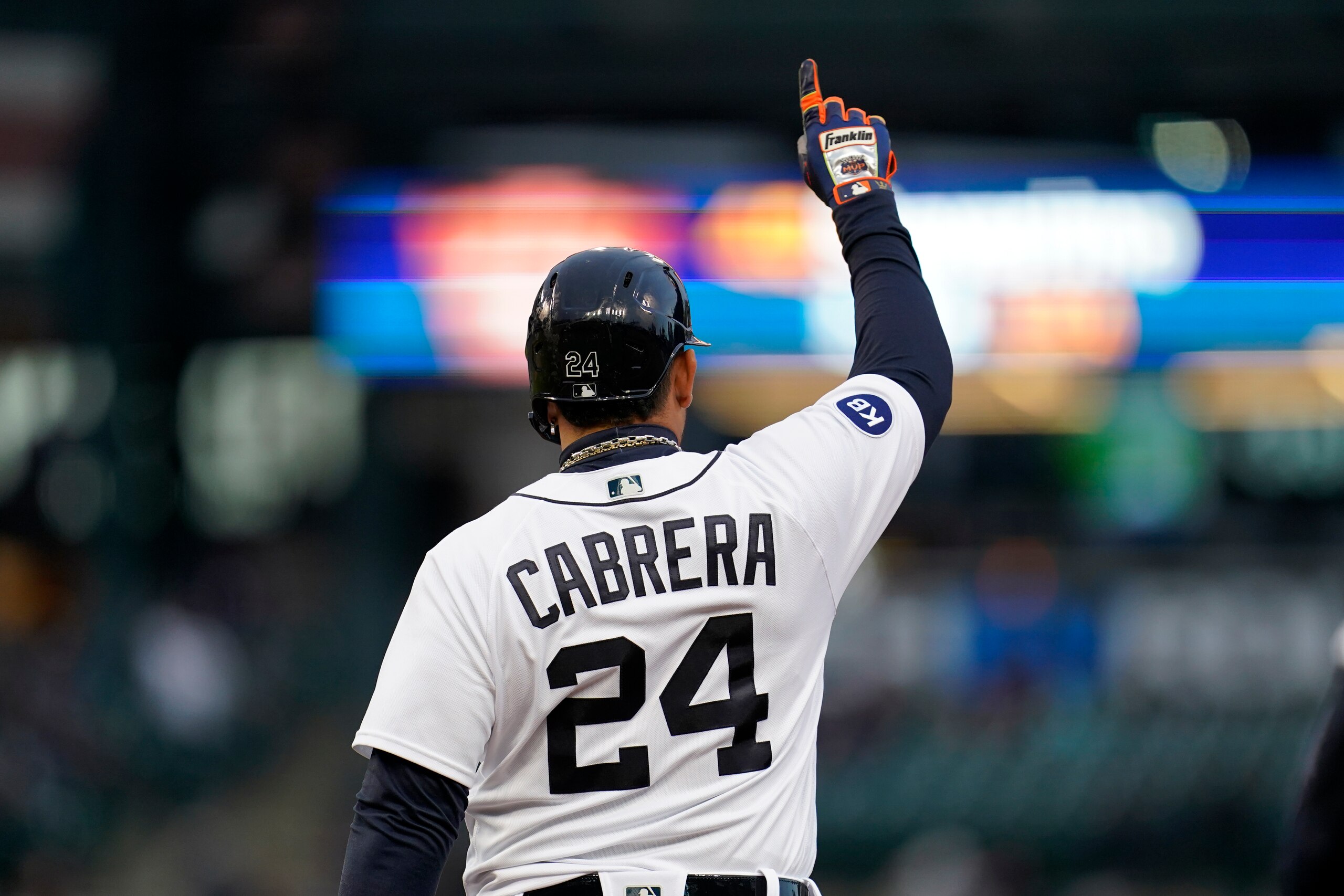 Detroit Tigers' Miguel Cabrera reacts to hitting a single against the New York Yankees in the fourth inning of a baseball game in Detroit, Wednesday, April 20, 2022. (AP Photo/Paul Sancya)