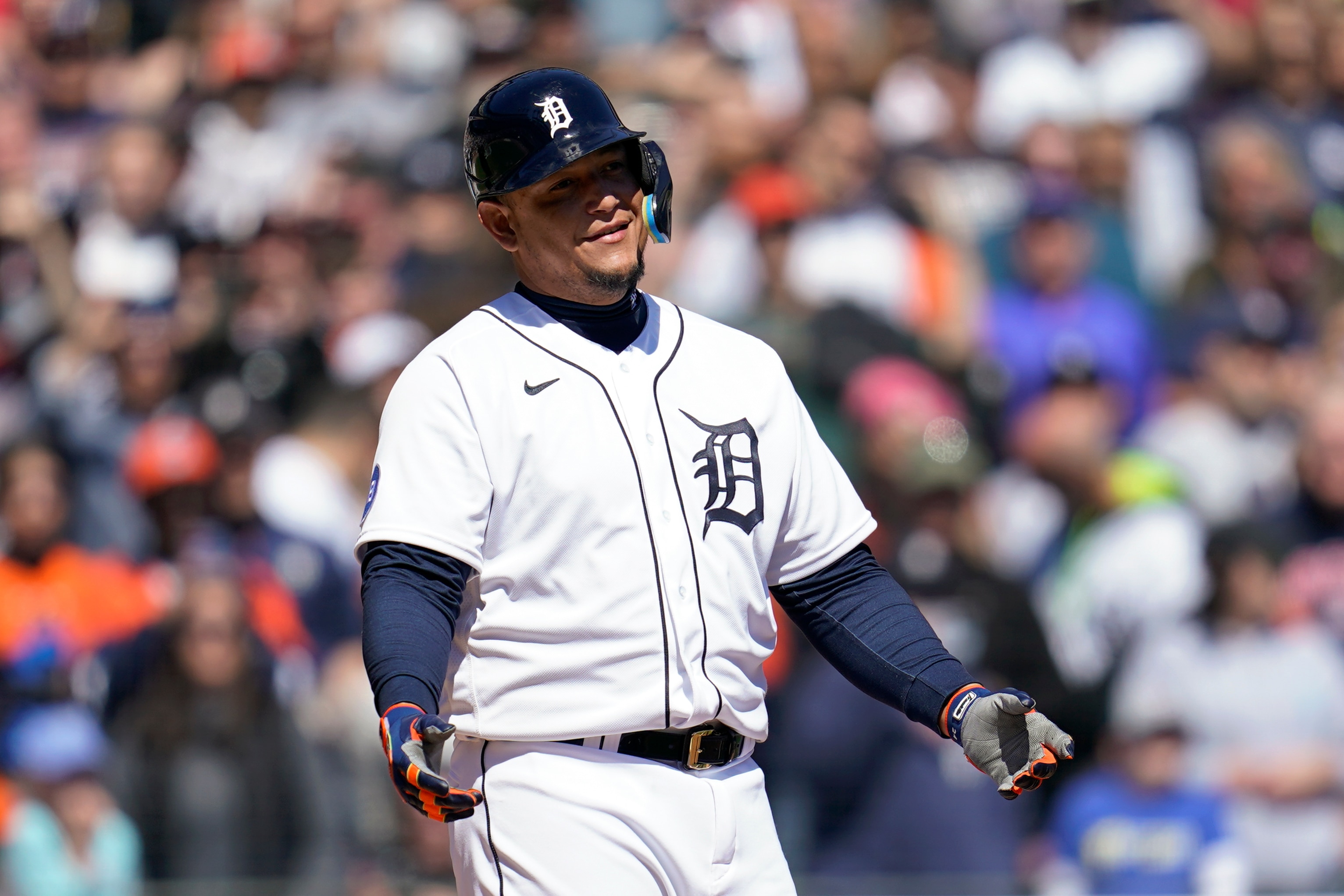 Detroit Tigers' Miguel Cabrera reacts to being called out on strikes against the New York Yankees in the sixth inning of a baseball game in Detroit, Thursday, April 21, 2022. (AP Photo/Paul Sancya)