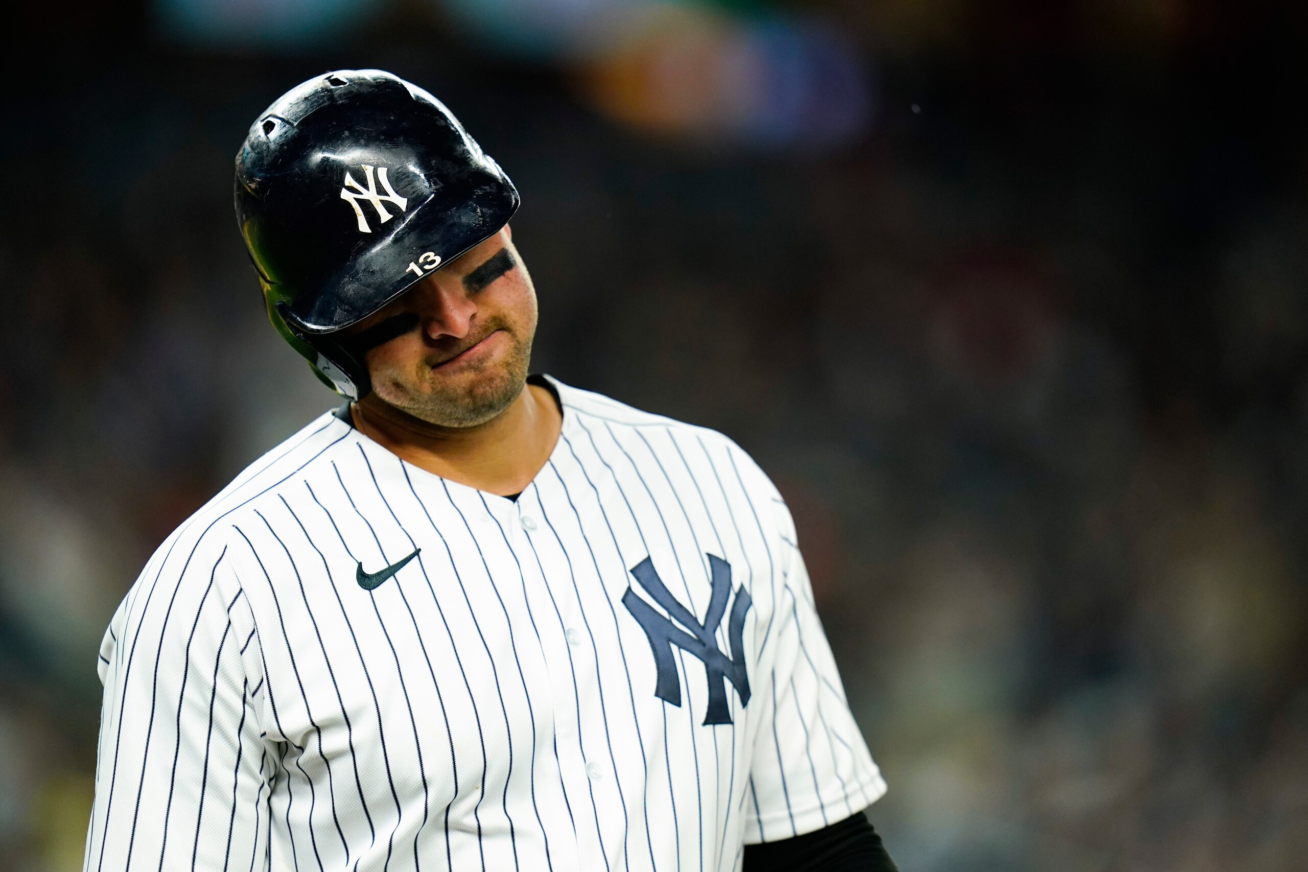 New York Yankees' Joey Gallo reacts after hitting a fly out during the fifth inning of a baseball game against the Boston Red Sox Sunday, April 10, 2022, in New York. (AP Photo/Frank Franklin II) New York Yankees' Joey Gallo reacts after hitting a fly out during the fifth inning of a baseball game against the Boston Red Sox Sunday, April 10, 2022, in New York. (AP Photo/Frank Franklin II)