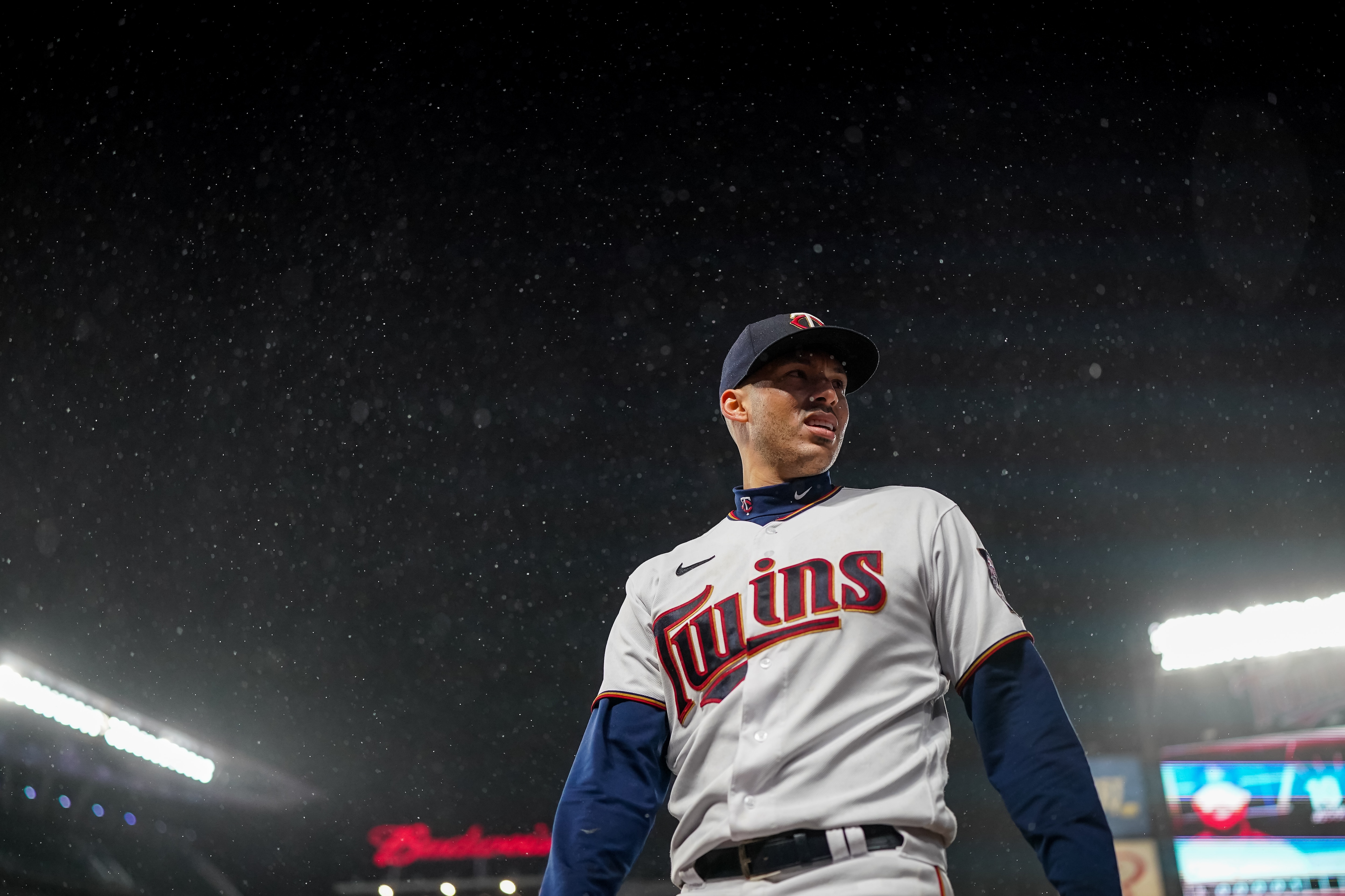 MINNEAPOLIS, MN - APRIL 12: Carlos Correa #4 of the Minnesota Twins looks on against the Los Angeles Dodgers on April 12, 2022 at Target Field in Minneapolis, Minnesota. (Photo by Brace Hemmelgarn/Minnesota Twins/Getty Images)