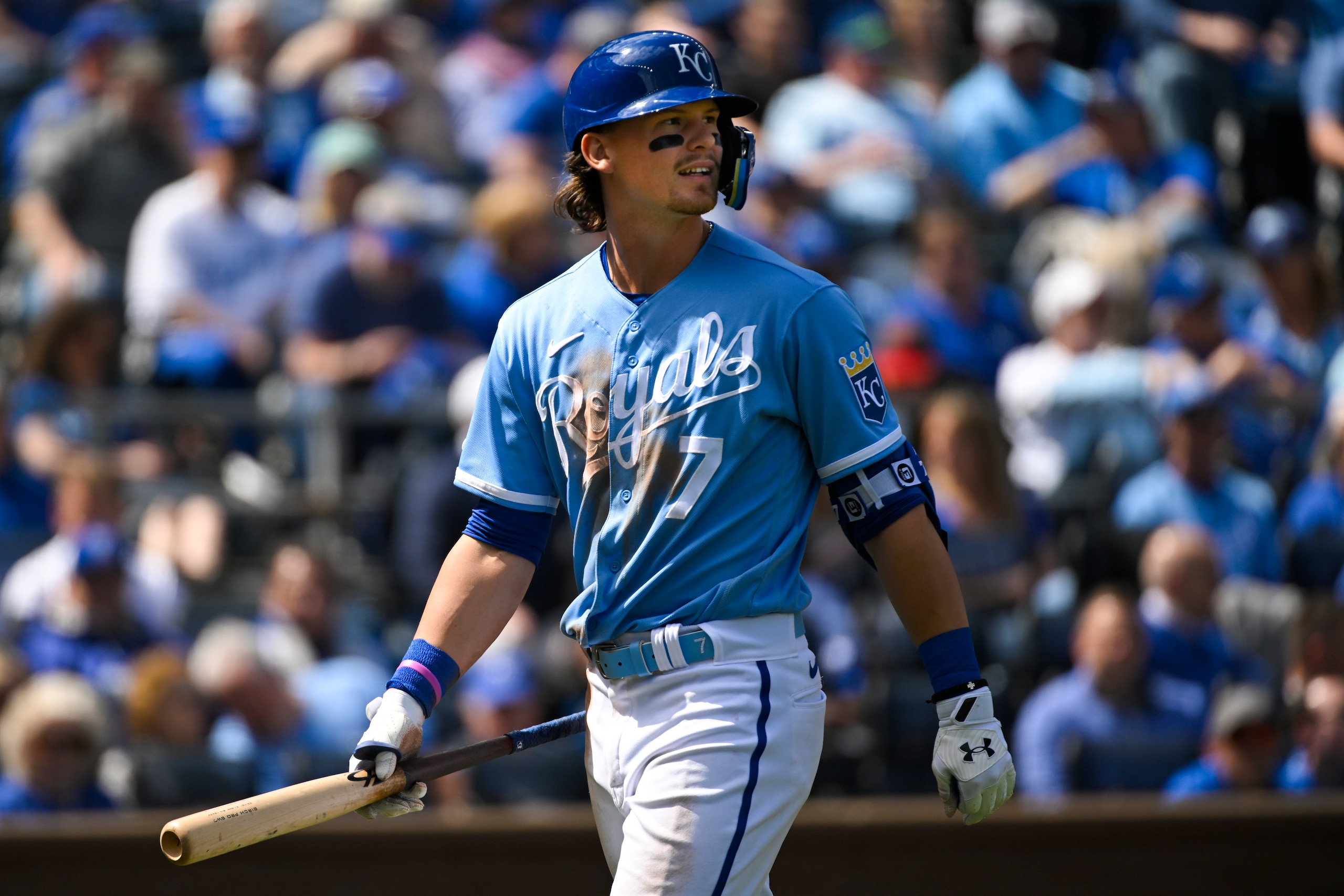 Kansas City Royals' Bobby Witt Jr. walks back to the dugout after striking out against the Cleveland Guardians during the fourth inning of a baseball game, Monday, April 11, 2022 in Kansas City, Mo. (AP Photo/Reed Hoffmann) Kansas City Royals' Bobby Witt Jr. walks back to the dugout after striking out against the Cleveland Guardians during the fourth inning of a baseball game, Monday, April 11, 2022 in Kansas City, Mo. (AP Photo/Reed Hoffmann)