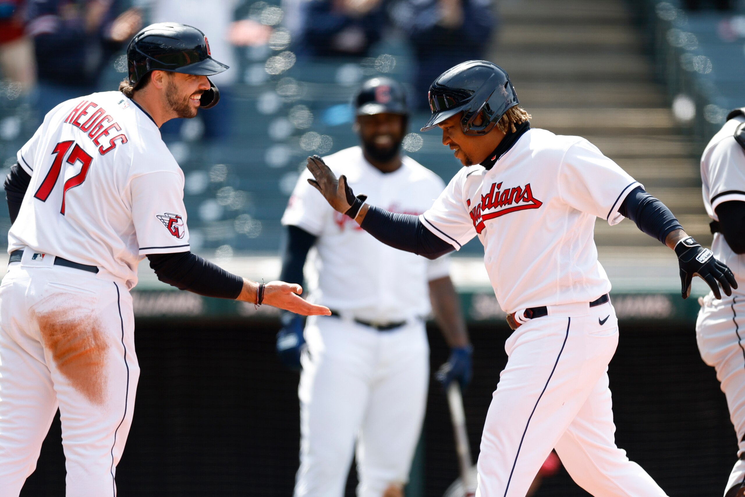 Cleveland Guardians' José Ramírez celebrates with Austin Hedges (17) after hitting a grand slam against the Chicago White Sox during the second inning in the first game of a baseball doubleheader, Wednesday, April 20, 2022, in Cleveland. (AP Photo/Ron Schwane) Cleveland Guardians' José Ramírez celebrates with Austin Hedges (17) after hitting a grand slam against the Chicago White Sox during the second inning in the first game of a baseball doubleheader, Wednesday, April 20, 2022, in Cleveland. (AP Photo/Ron Schwane)