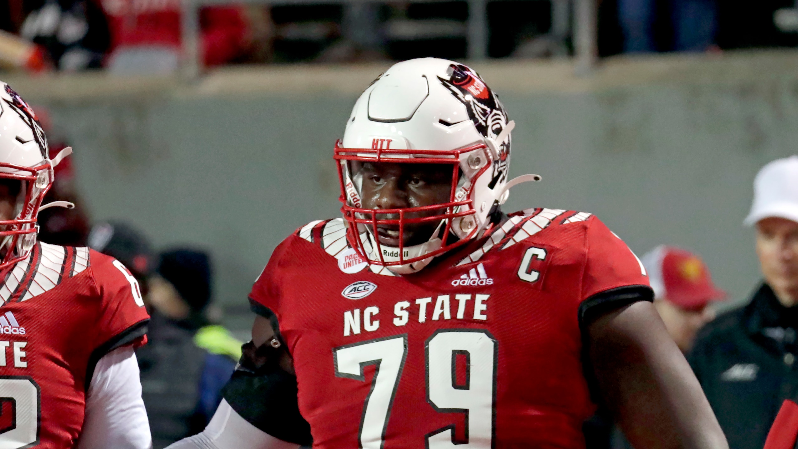 North Carolina State offensive tackle Ikem Ekwonu (79) during an NCAA college football game against North Carolina Friday, Nov. 26, 2021, in Raleigh, N.C. (AP Photo/Chris Seward)