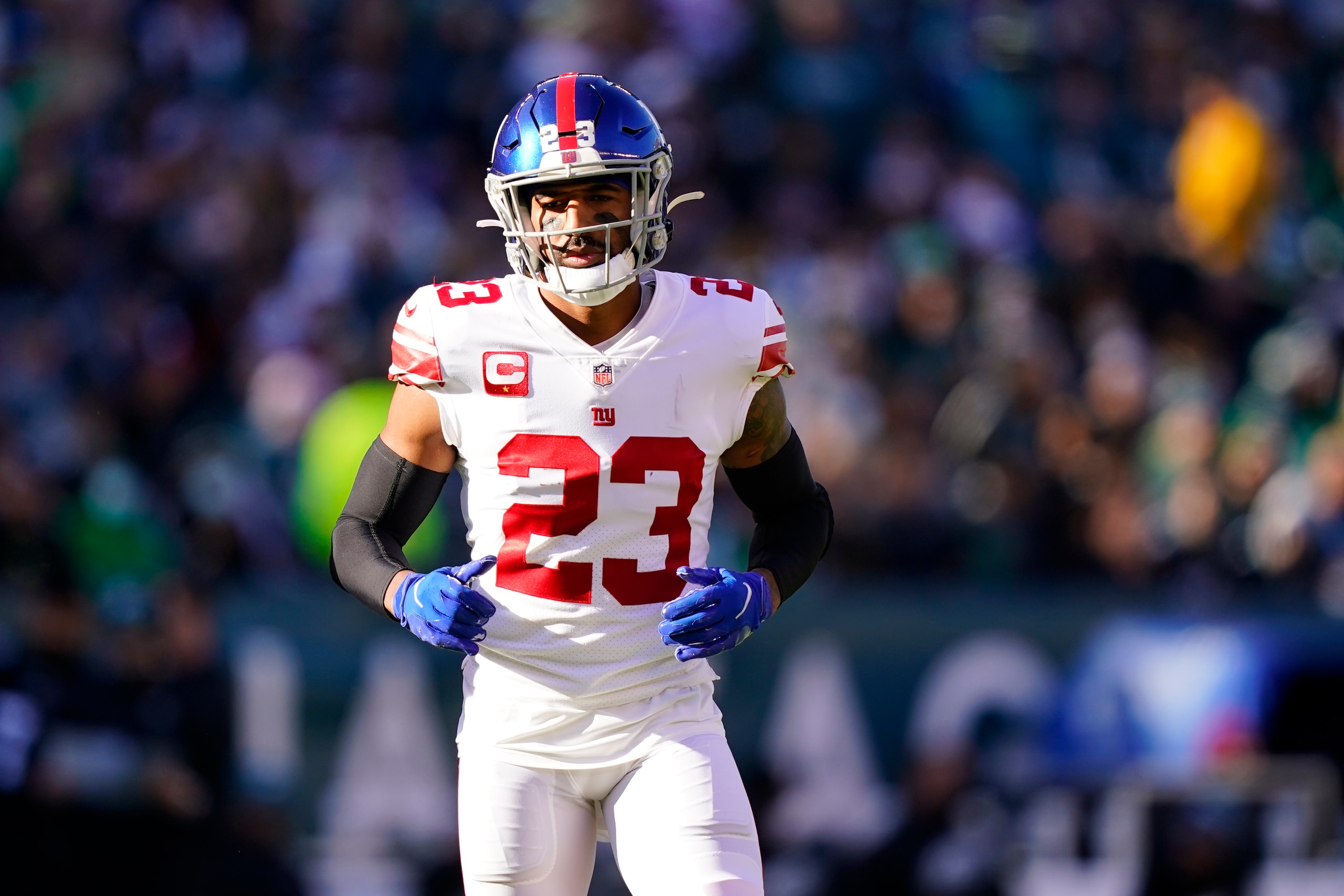 New York Giants safety Logan Ryan plays during an NFL football game against the Philadelphia Eagles, Sunday, Dec. 26, 2021, in Philadelphia. (AP Photo/Matt Rourke)