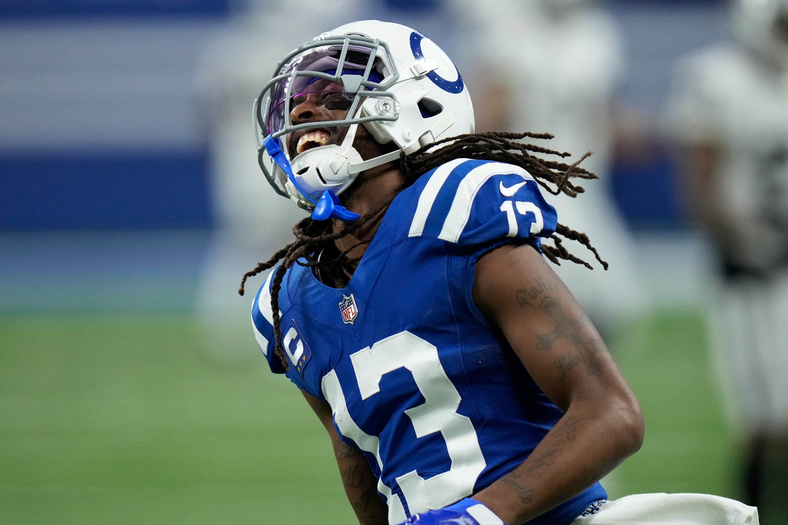 Indianapolis Colts wide receiver T.Y. Hilton (13) reacts after a missed reception during the second half of an NFL football game against the Las Vegas Raiders, Sunday, Jan. 2, 2022, in Indianapolis. (AP Photo/AJ Mast)