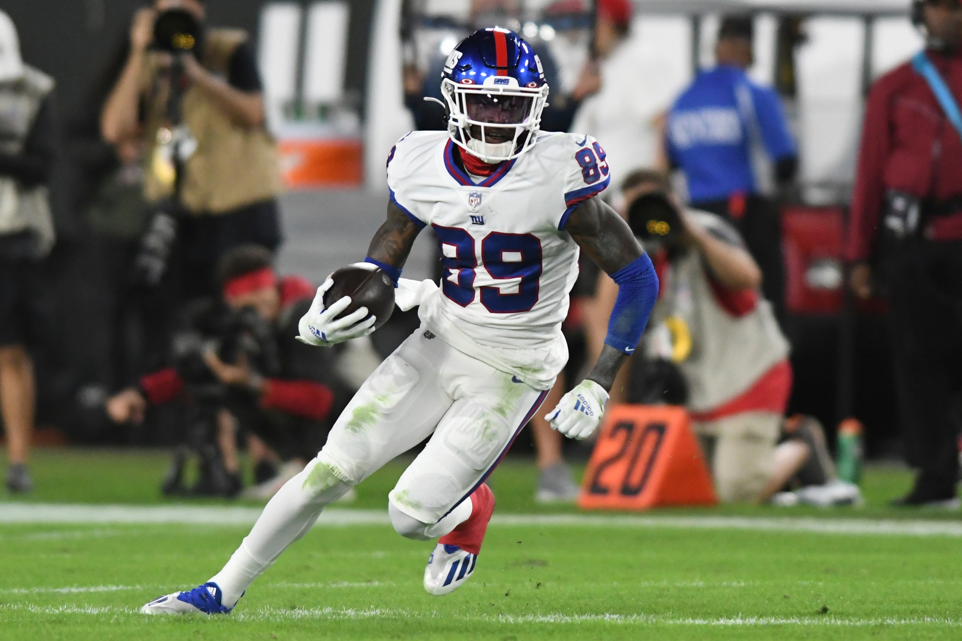 New York Giants wide receiver Kadarius Toney (89) after a catch against the Tampa Bay Buccaneers during the first half of an NFL football game Monday, Nov. 22, 2021, in Tampa, Fla. (AP Photo/Jason Behnken)