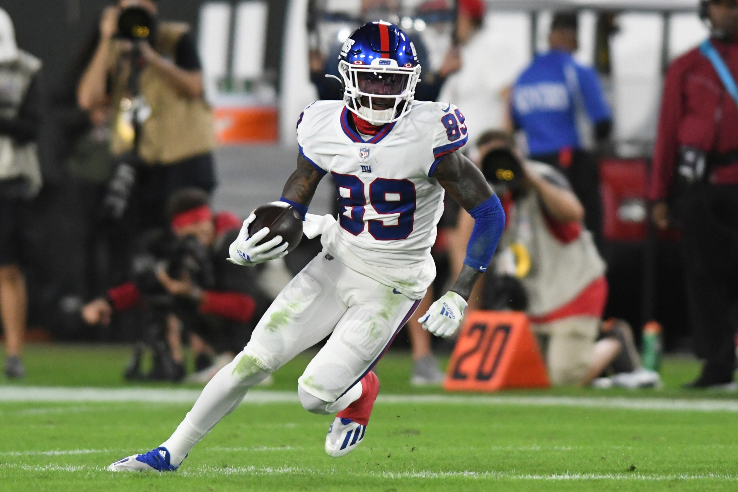 New York Giants wide receiver Kadarius Toney (89) after a catch against the Tampa Bay Buccaneers during the first half of an NFL football game Monday, Nov. 22, 2021, in Tampa, Fla. (AP Photo/Jason Behnken)