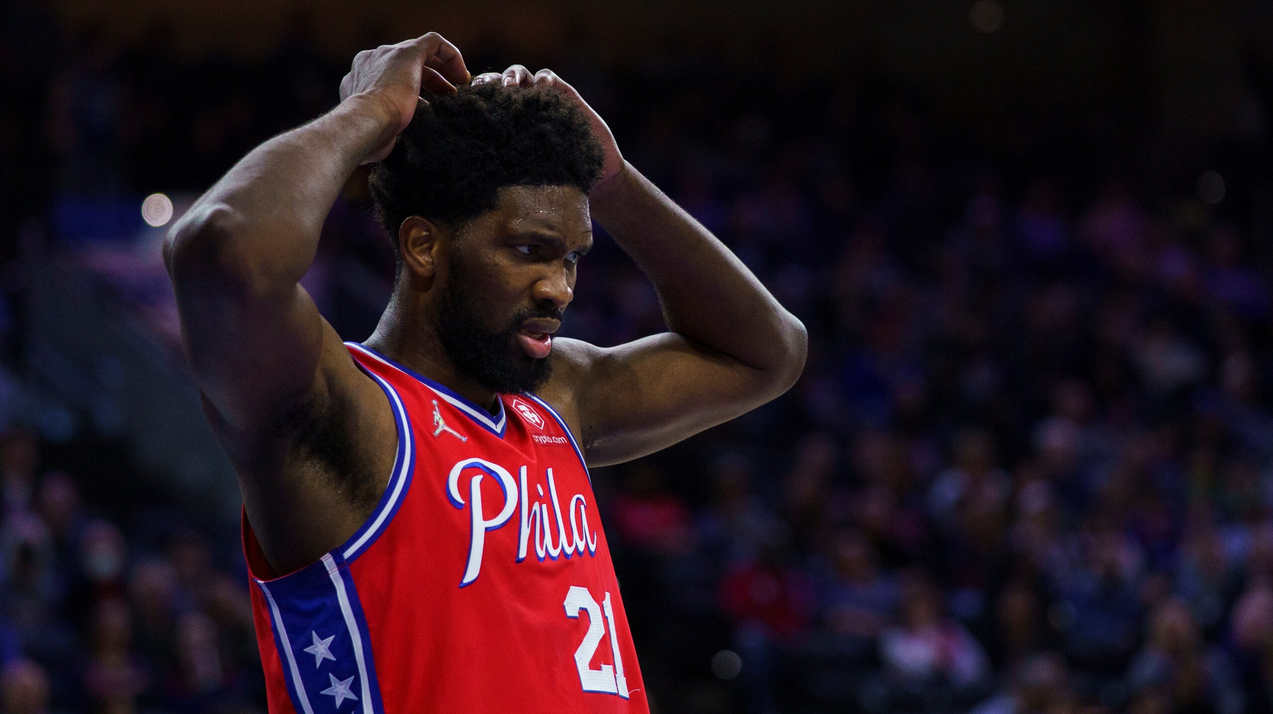 Philadelphia 76ers' Joel Embiid reacts during an NBA basketball game against the Indiana Pacers, Saturday, April 9, 2022, in Philadelphia. The 76ers won 133-120. (AP Photo/Chris Szagola)