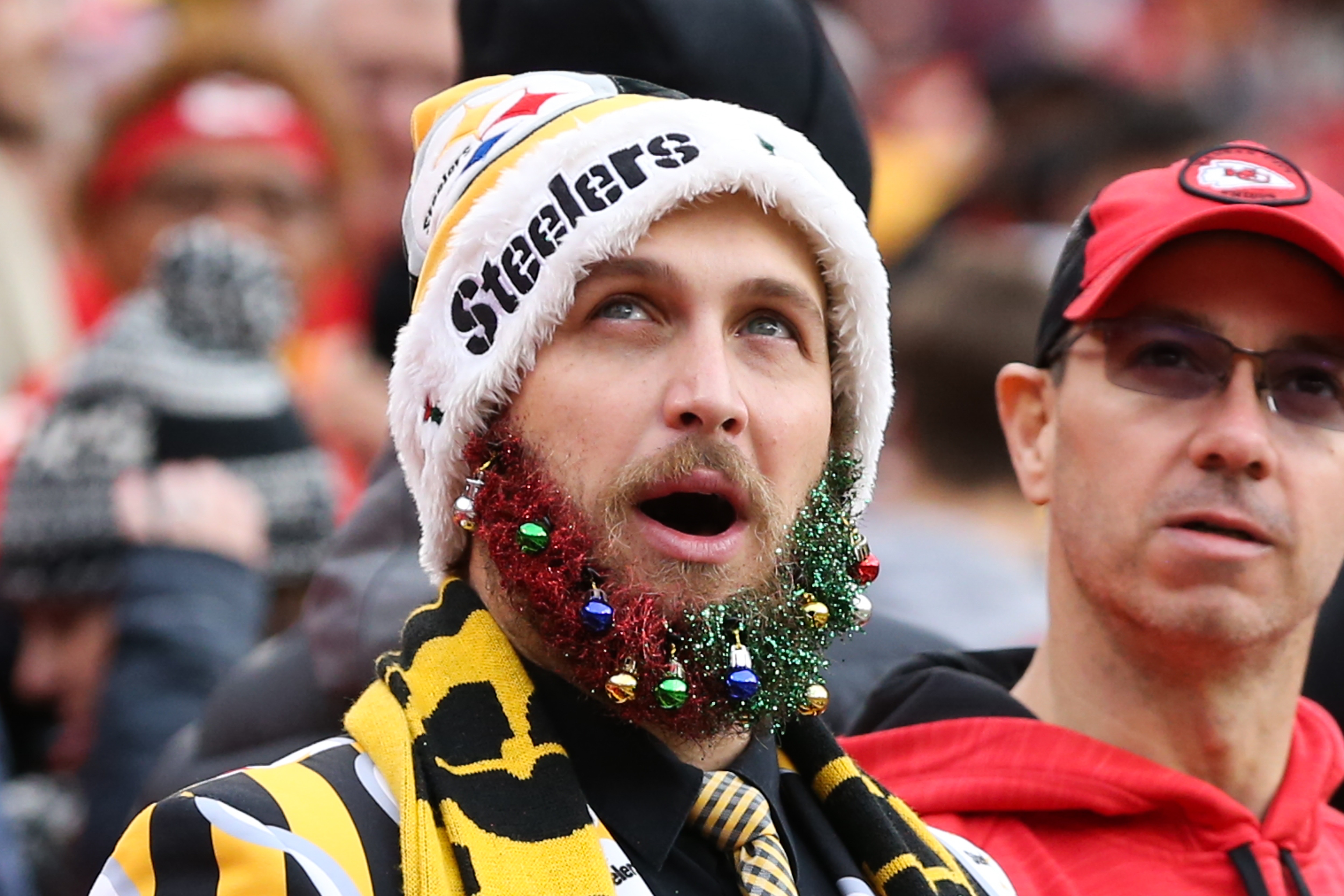 KANSAS CITY, MO - DECEMBER 26: A Pittsburgh Steelers fan in a Christmas stocking cap and beard before an NFL game between the Pittsburgh Steelers and Kansas City Chiefs on Dec 26, 2021 at GEHA Field at Arrowhead Stadium in Kansas City, MO. (Photo by Scott Winters/Icon Sportswire via Getty Images)