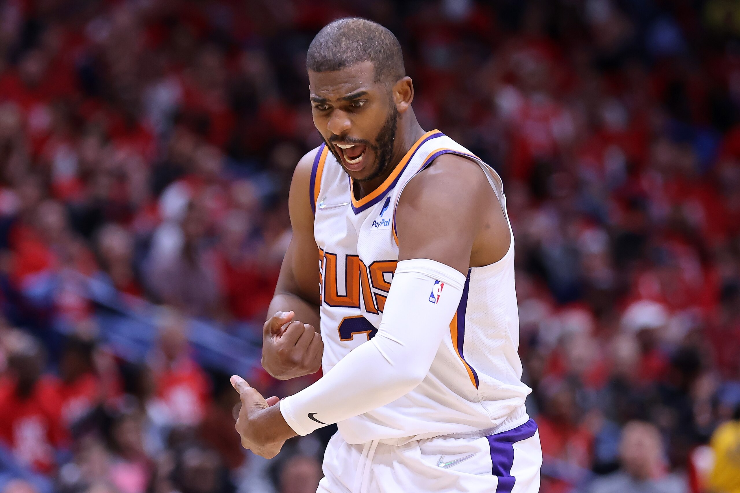 NEW ORLEANS, LOUISIANA - APRIL 22: Chris Paul #3 of the Phoenix Suns reacts during the second half of Game Three of the Western Conference First Round game against the New Orleans Pelicans at the Smoothie King Center on April 22, 2022 in New Orleans, Louisiana. NOTE TO USER: User expressly acknowledges and agrees that, by downloading and or using this Photograph, user is consenting to the terms and conditions of the Getty Images License Agreement. (Photo by Jonathan Bachman/Getty Images)