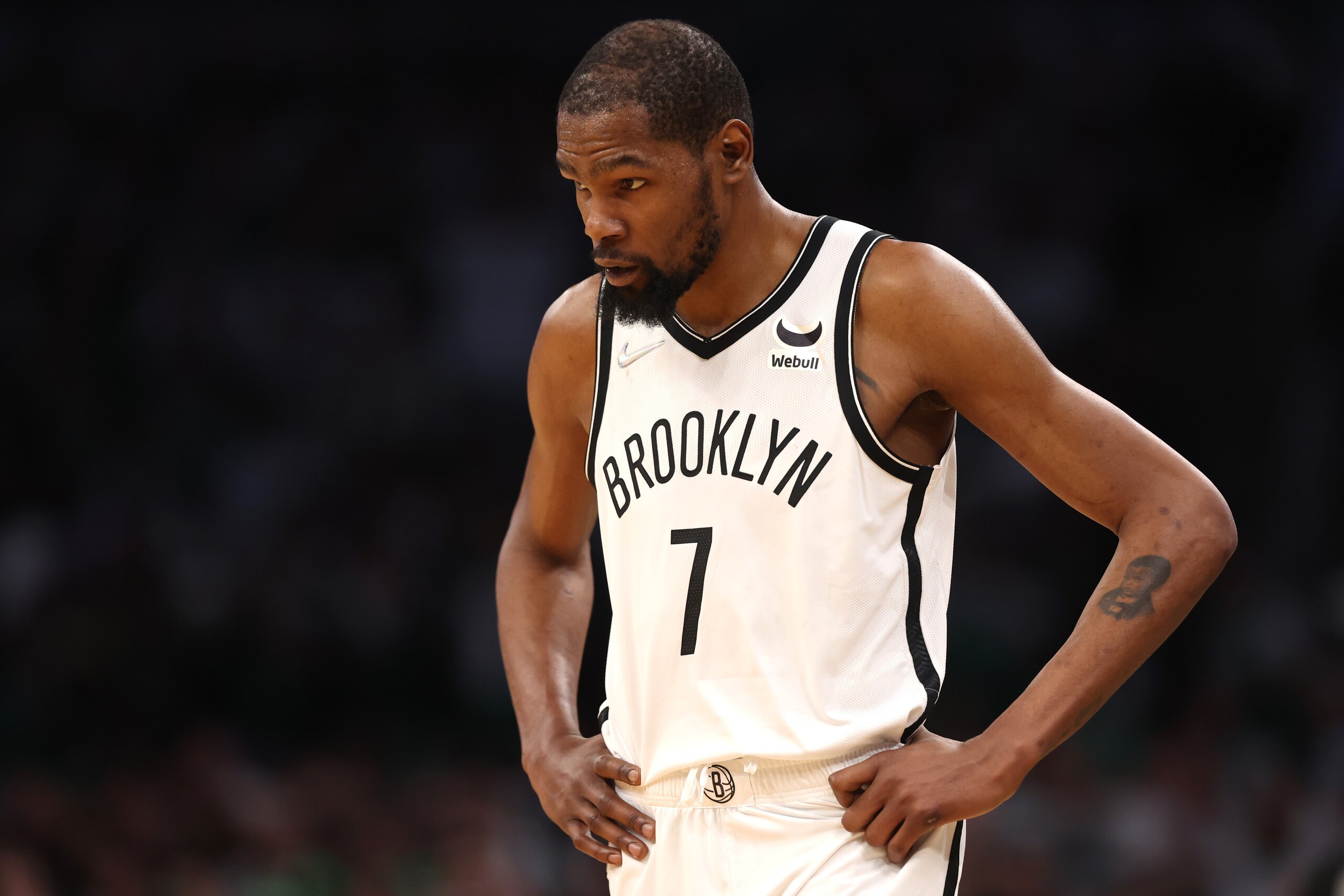 BOSTON, MASSACHUSETTS - APRIL 17: Kevin Durant #7 of the Brooklyn Nets looks on during the third quarter of Round 1 Game 1 of the 2022 NBA Eastern Conference Playoffs at TD Garden on April 17, 2022 in Boston, Massachusetts. (Photo by Maddie Meyer/Getty Images)