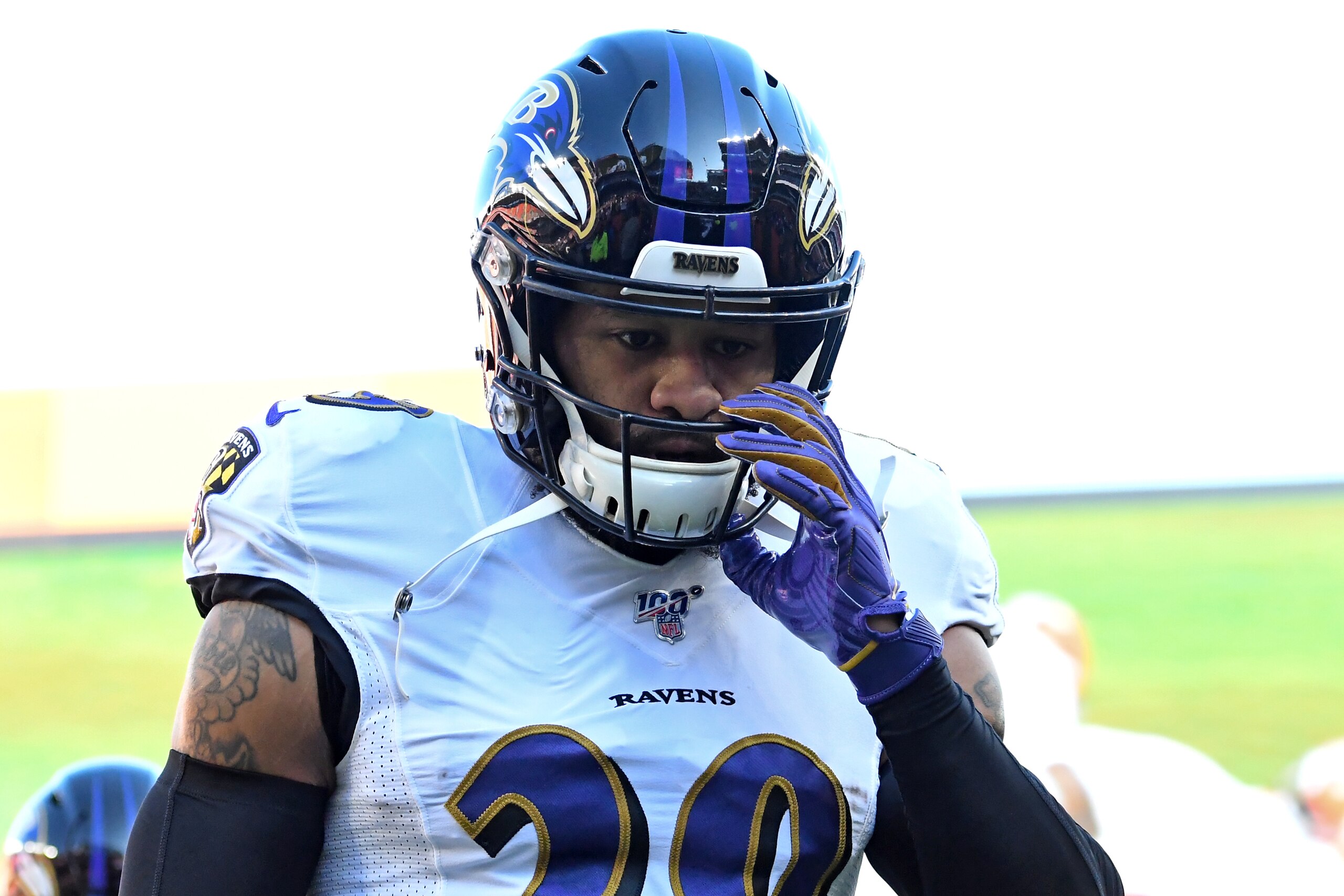 CLEVELAND, OH - DECEMBER 22, 2019: Free safety Earl Thomas #29 of the Baltimore Ravens walks off the field prior to a game against the Cleveland Browns on December 22, 2019 at FirstEnergy Stadium in Cleveland, Ohio. Baltimore won 31-15. (Photo by: 2019 Nick Cammett/Diamond Images via Getty Images)
