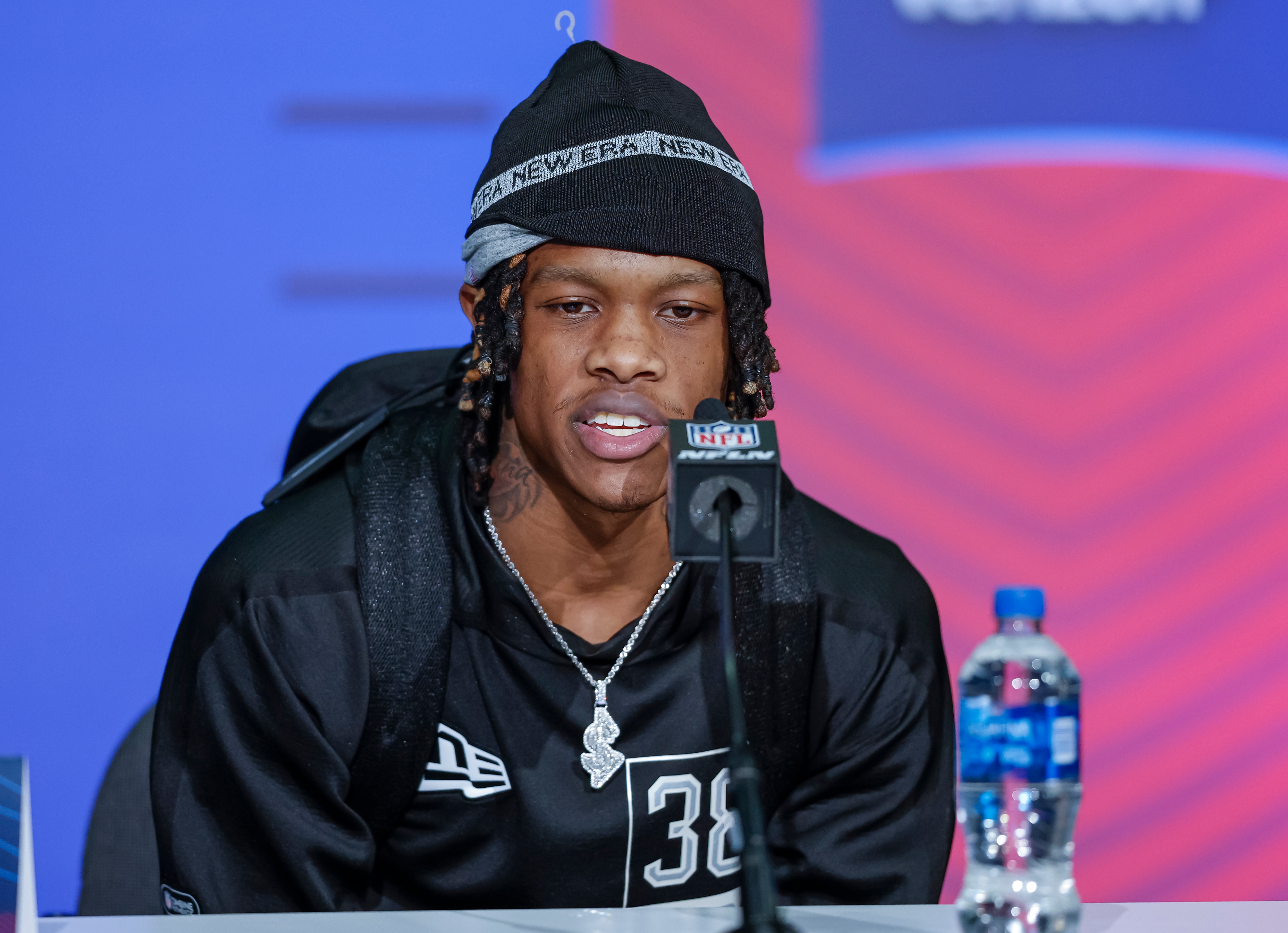 INDIANAPOLIS, IN - MAR 02: Jameson Williams #WO38 of the Alabama Crimson Tide speaks to reporters during the NFL Draft Combine at the Indiana Convention Center on March 2, 2022 in Indianapolis, Indiana. (Photo by Michael Hickey/Getty Images)