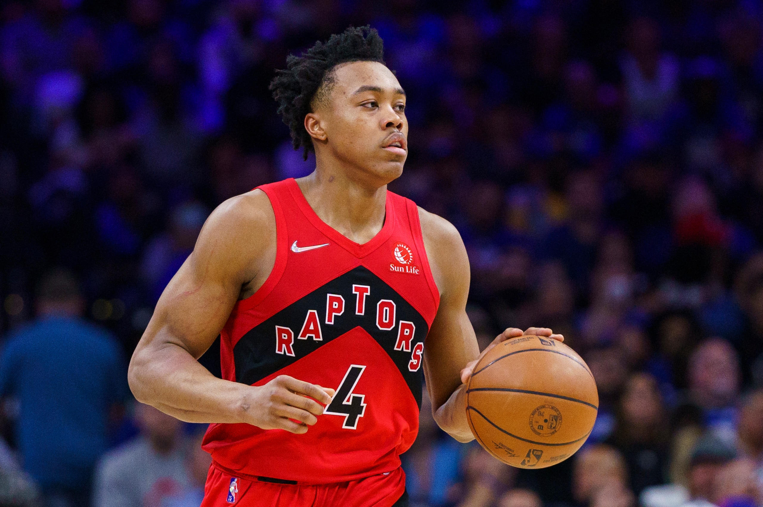 Toronto Raptors' Scottie Barnes in action during Game 1 of an NBA basketball first-round playoff series against the Philadelphia 76ers, Saturday, April 16, 2022, in Philadelphia. The 76ers won 131-111. (AP Photo/Chris Szagola)