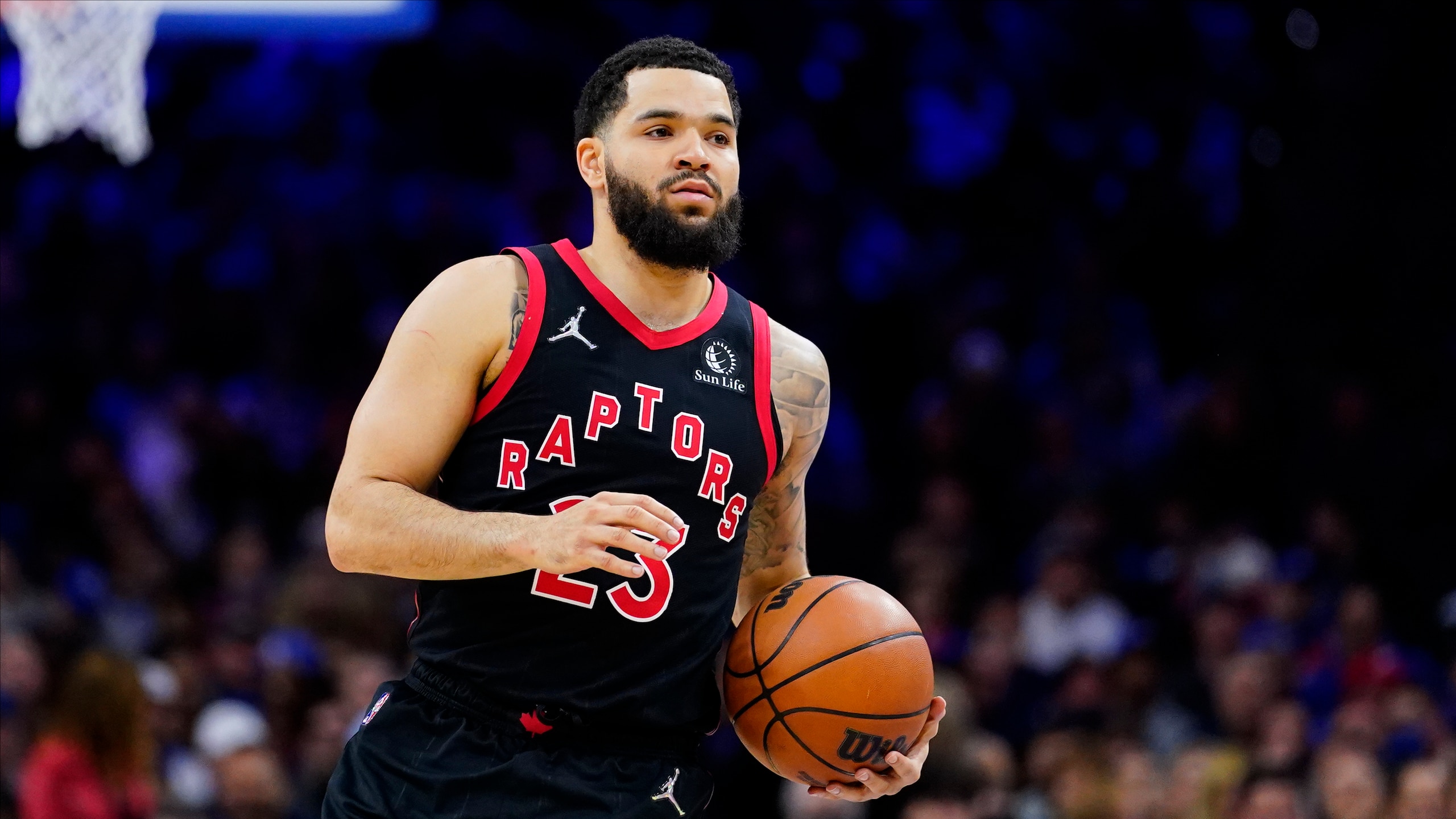 Toronto Raptors' Fred VanVleet plays during Game 2 of an NBA basketball first-round playoff series, Monday, April 18, 2022, in Philadelphia. (AP Photo/Matt Slocum)