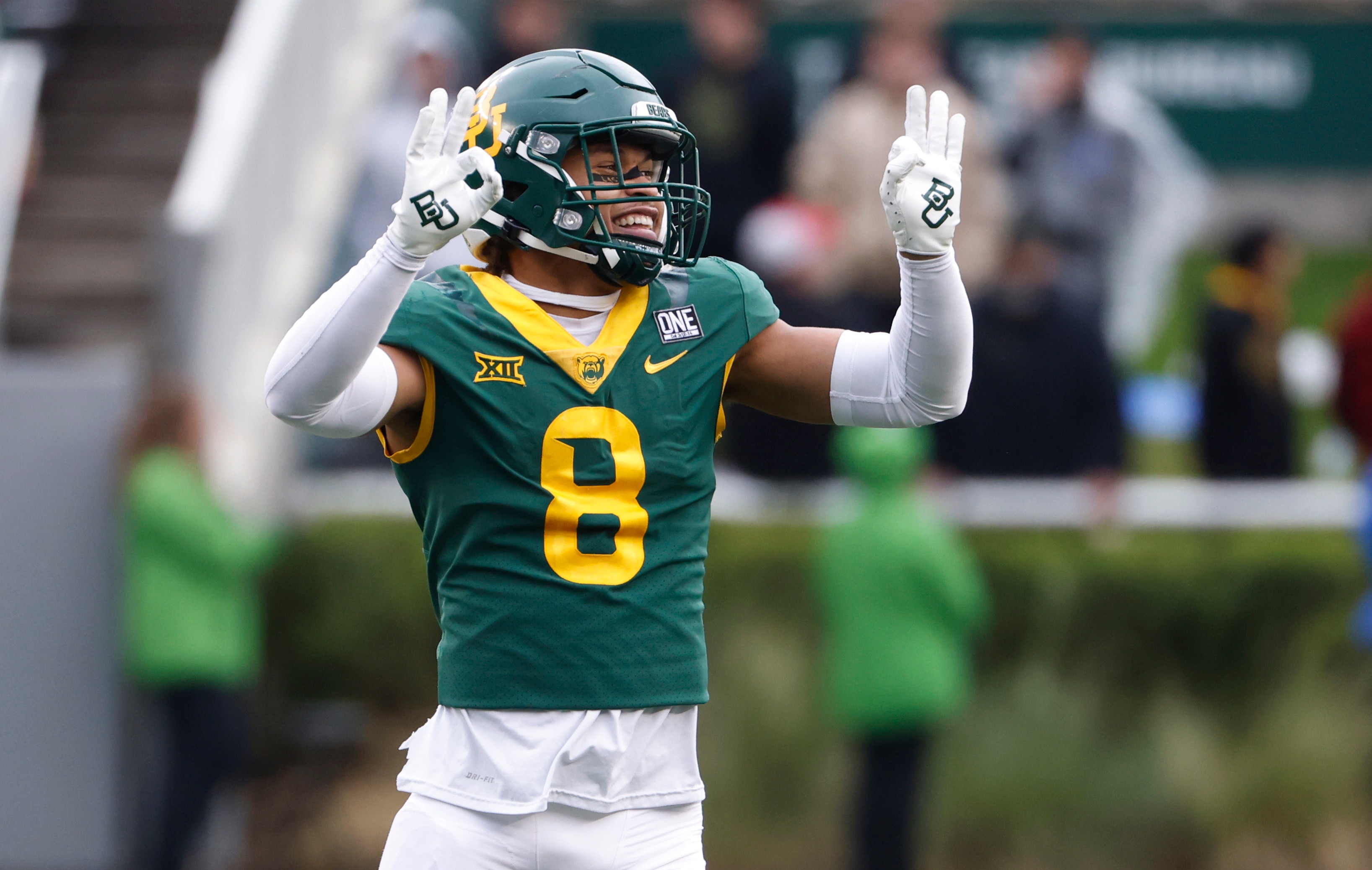 WACO, TX -NOVEMBER 27: Nove Jalen Pitre #8 of the Baylor Bears reacts against the Texas Tech Red Raiders in the second half at McLane Stadium on mber 27, 2021 in Waco, Texas. Baylor won 27-24. (Photo by Ron Jenkins/Getty Images)