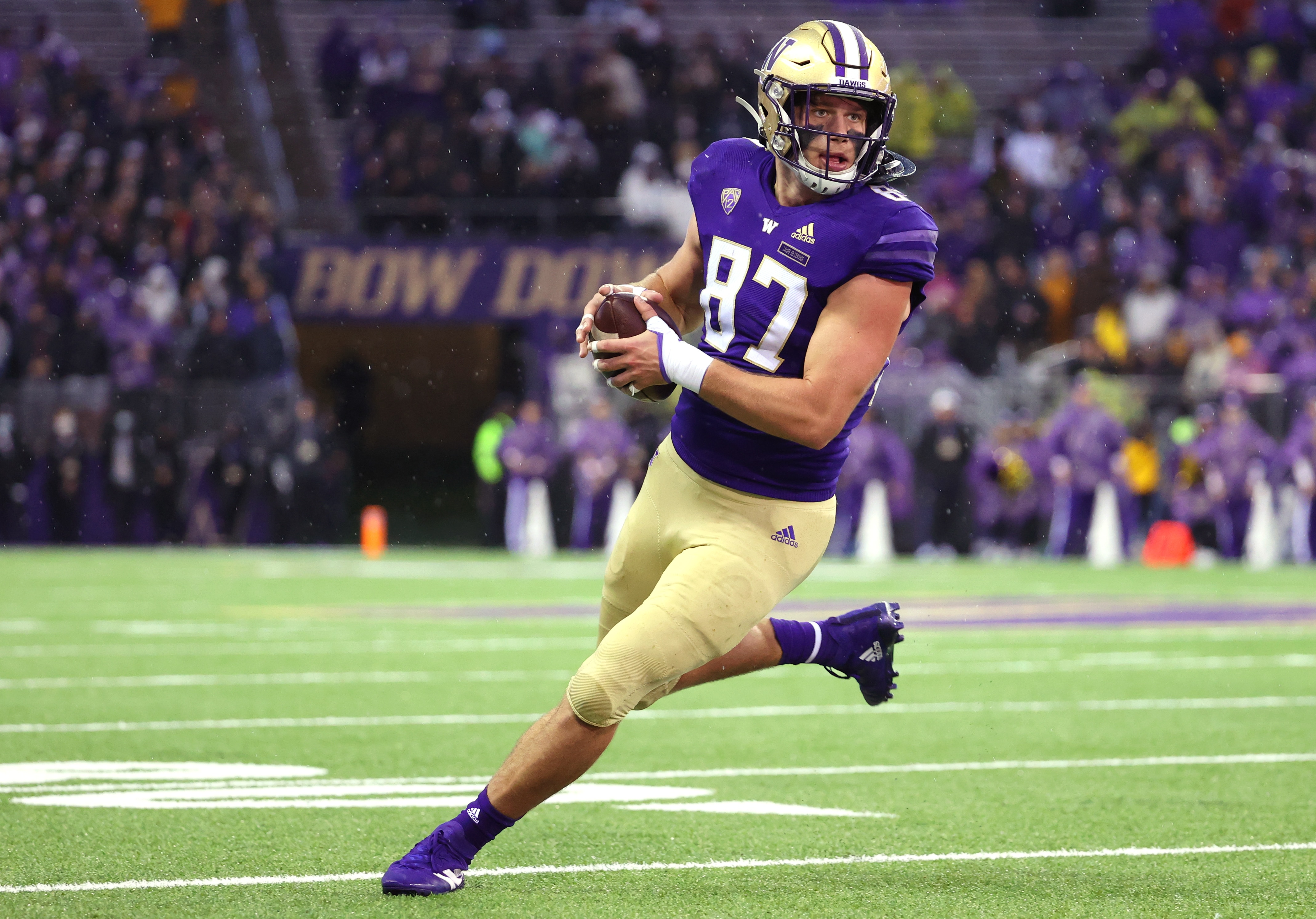 SEATTLE, WASHINGTON - NOVEMBER 13: Cade Otton #87 of the Washington Huskies runs with the ball against the Arizona State Sun Devils during the first quarter at Husky Stadium on November 13, 2021 in Seattle, Washington. (Photo by Abbie Parr/Getty Images)