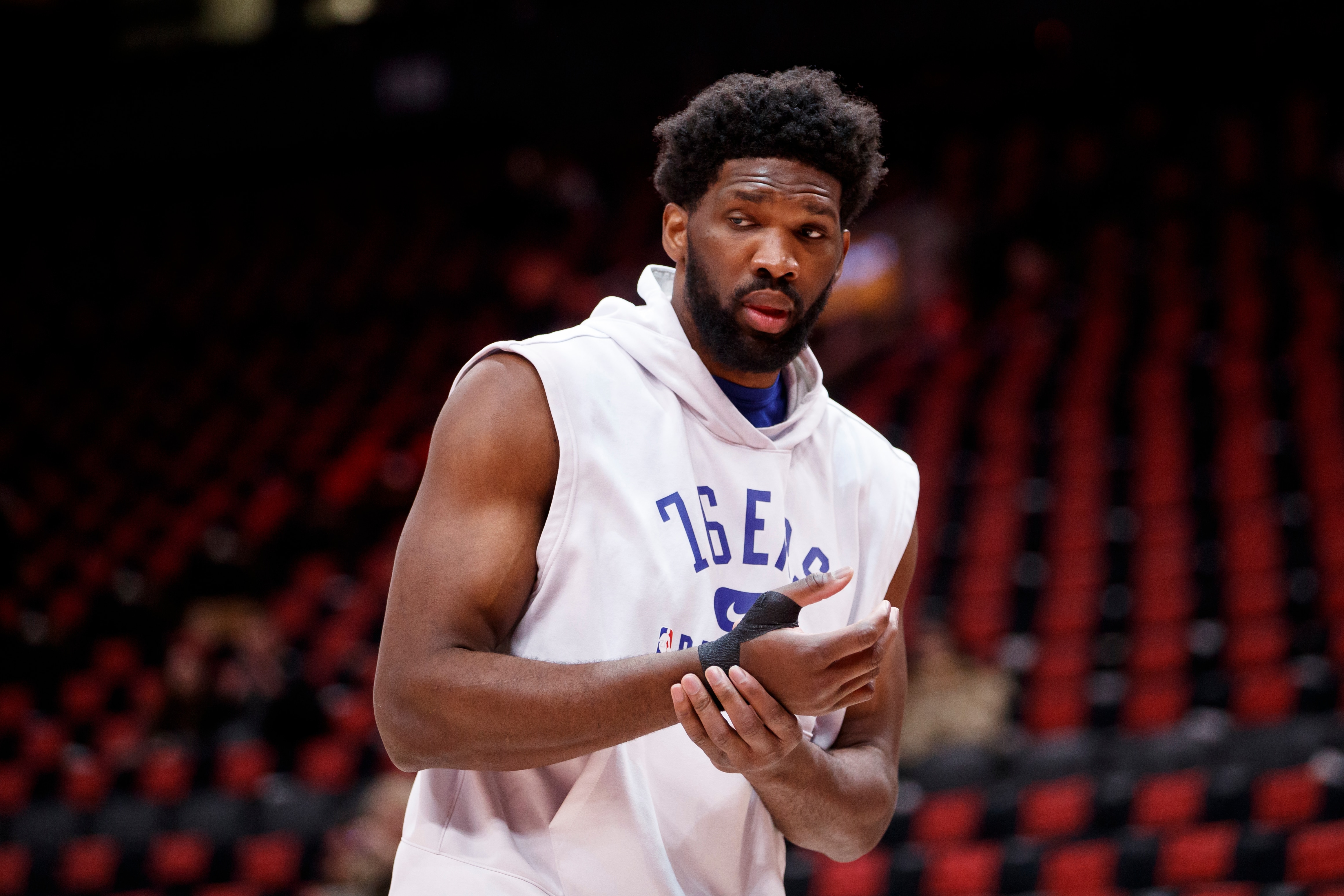 TORONTO, ON - APRIL 23: Joel Embiid #21 of the Philadelphia 76ers warms up ahead of Game Four of the Eastern Conference First Round against the Toronto Raptors at Scotiabank Arena on April 23, 2022 in Toronto, Canada. NOTE TO USER: User expressly acknowledges and agrees that, by downloading and or using this Photograph, user is consenting to the terms and conditions of the Getty Images License Agreement. (Photo by Cole Burston/Getty Images) TORONTO, ON - APRIL 23: Joel Embiid #21 of the Philadelphia 76ers warms up ahead of Game Four of the Eastern Conference First Round against the Toronto Raptors at Scotiabank Arena on April 23, 2022 in Toronto, Canada. NOTE TO USER: User expressly acknowledges and agrees that, by downloading and or using this Photograph, user is consenting to the terms and conditions of the Getty Images License Agreement. (Photo by Cole Burston/Getty Images)