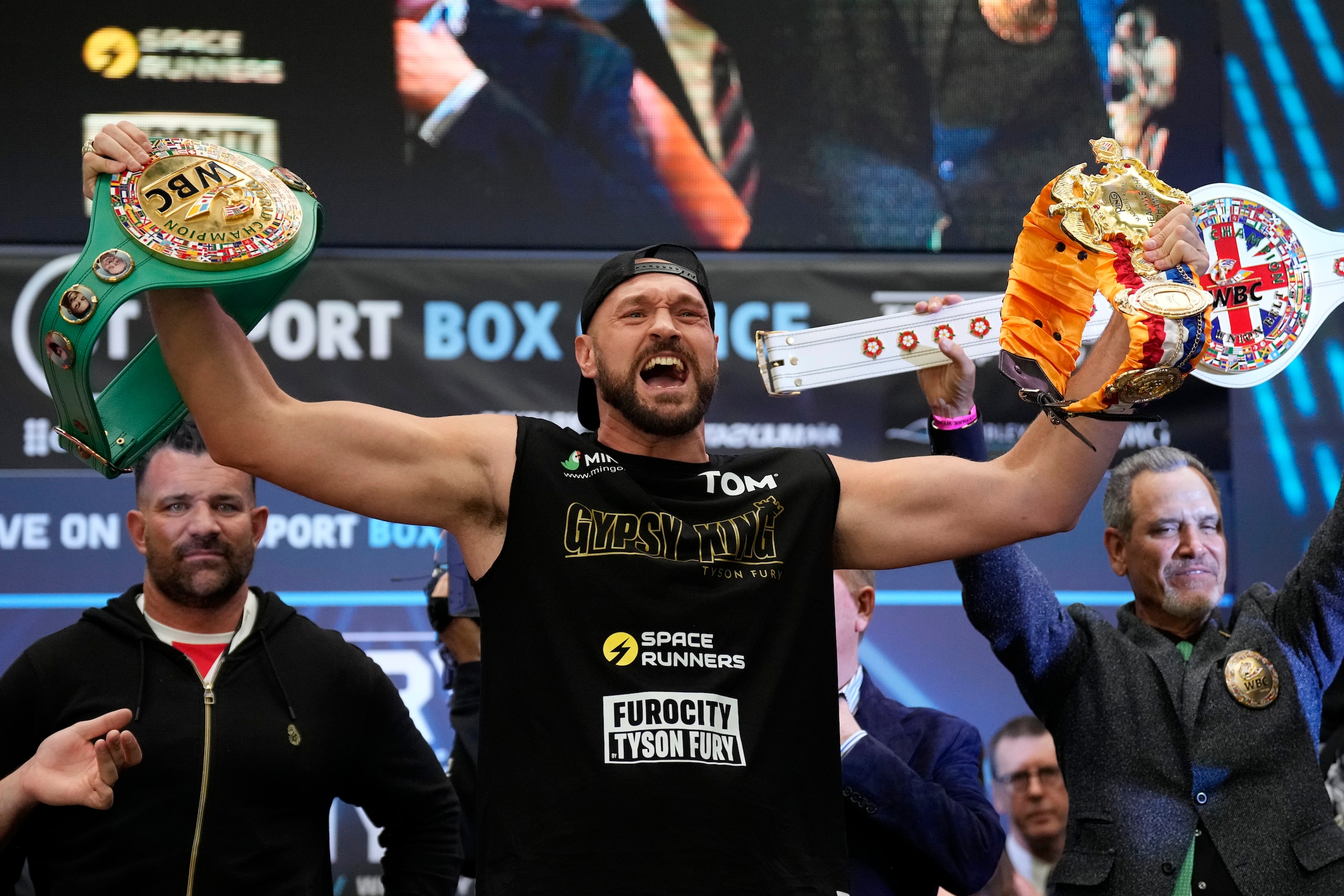 British heavyweight boxer Tyson Fury poses during weigh-in at the Boxpark Wembley venue, near Wembley Stadium, in London, Friday, April 22, 2022. Wembley Stadium will stage Tyson Fury's defense of the WBC heavyweight title against British countryman Dillian Whyte on Saturday. (AP Photo/Matt Dunham) British heavyweight boxer Tyson Fury poses during weigh-in at the Boxpark Wembley venue, near Wembley Stadium, in London, Friday, April 22, 2022. Wembley Stadium will stage Tyson Fury's defense of the WBC heavyweight title against British countryman Dillian Whyte on Saturday. (AP Photo/Matt Dunham)