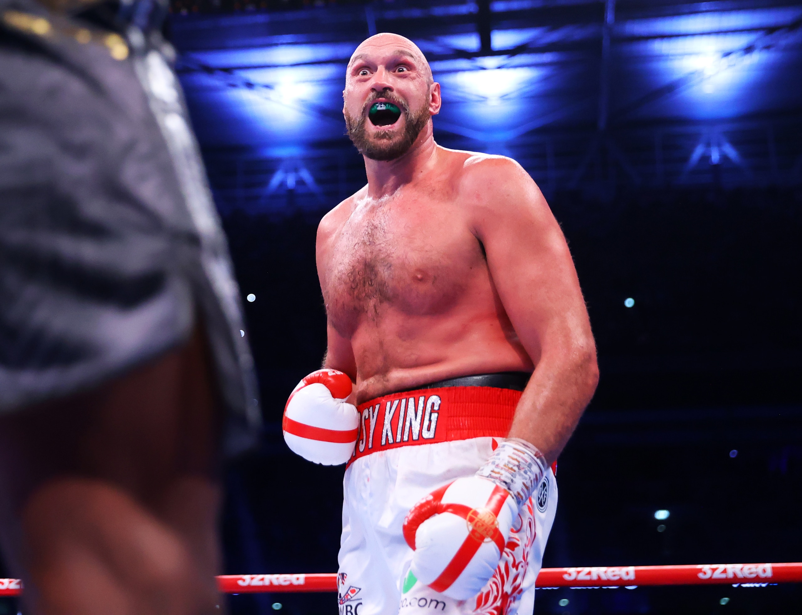 LONDON, ENGLAND - APRIL 23: Tyson Fury smiles during his WBC heavyweight championship fight with Dillian Whyte at Wembley Stadium on April 23, 2022 in London, England. (Photo by Mikey Williams/Top Rank Inc via Getty Images)