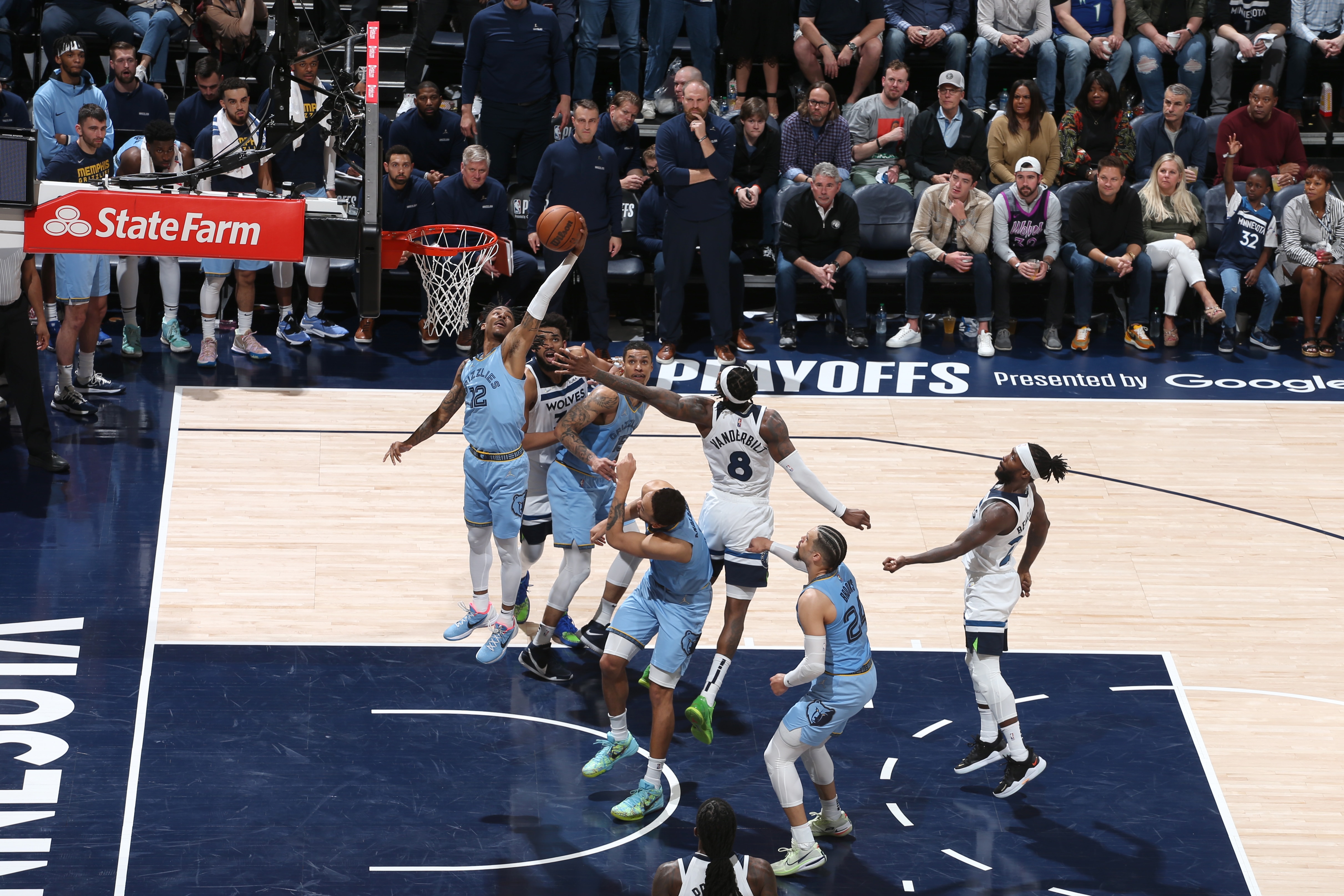 MINNEAPOLIS, MN - APRIL 23: Ja Morant #12 of the Memphis Grizzlies rebounds the ball against the Minnesota Timberwolves during Round 1 Game 4 of the 2022 NBA Playoffs on April 23, 2022 at Target Center in Minneapolis, Minnesota. NOTE TO USER: User expressly acknowledges and agrees that, by downloading and or using this Photograph, user is consenting to the terms and conditions of the Getty Images License Agreement. Mandatory Copyright Notice: Copyright 2022 NBAE (Photo by David Sherman/NBAE via Getty Images) MINNEAPOLIS, MN - APRIL 23: Ja Morant #12 of the Memphis Grizzlies rebounds the ball against the Minnesota Timberwolves during Round 1 Game 4 of the 2022 NBA Playoffs on April 23, 2022 at Target Center in Minneapolis, Minnesota. NOTE TO USER: User expressly acknowledges and agrees that, by downloading and or using this Photograph, user is consenting to the terms and conditions of the Getty Images License Agreement. Mandatory Copyright Notice: Copyright 2022 NBAE (Photo by David Sherman/NBAE via Getty Images)
