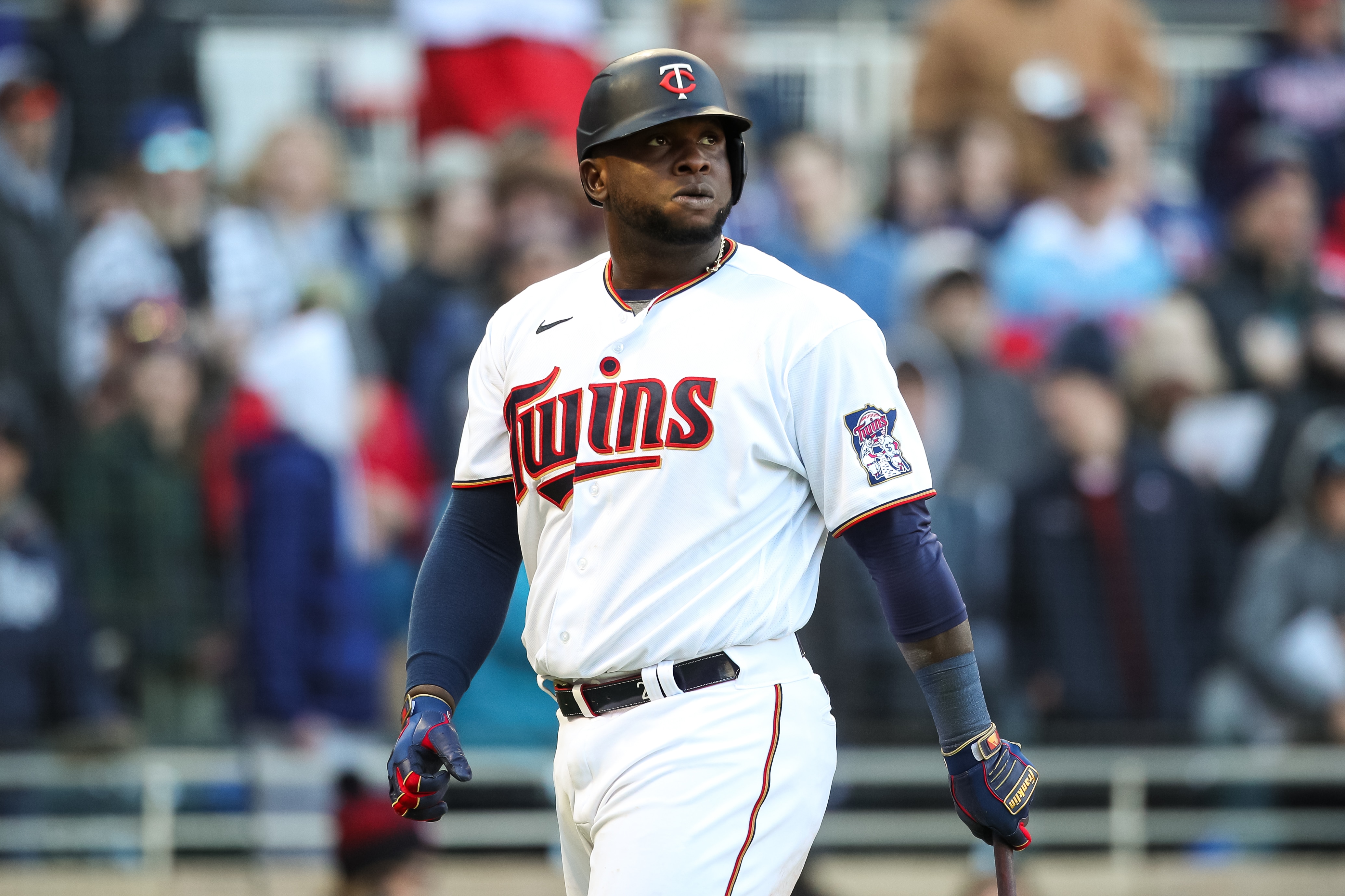 MINNEAPOLIS, MN - APRIL 08: Miguel Sano #22 of the Minnesota Twins reacts to striking out against the Seattle Mariners in the ninth inning on Opening Day at Target Field on April 8, 2022 in Minneapolis, Minnesota. The Mariners defeated the Twins 2-1. (Photo by David Berding/Getty Images)