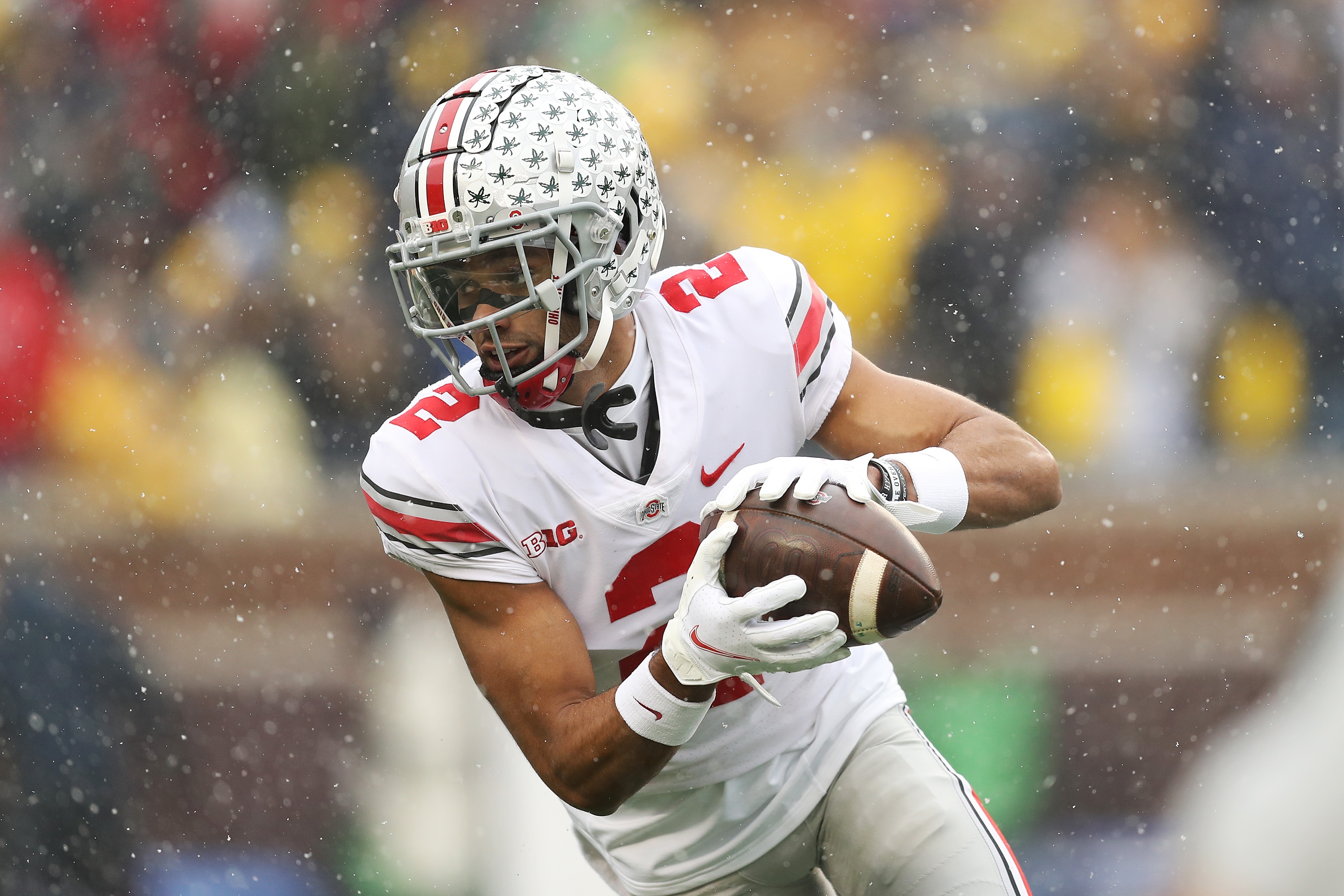 ANN ARBOR, MICHIGAN - NOVEMBER 27: Chris Olave #2 of the Ohio State Buckeyes warms up prior to the game against the Michigan Wolverines at Michigan Stadium on November 27, 2021 in Ann Arbor, Michigan. (Photo by Mike Mulholland/Getty Images)
