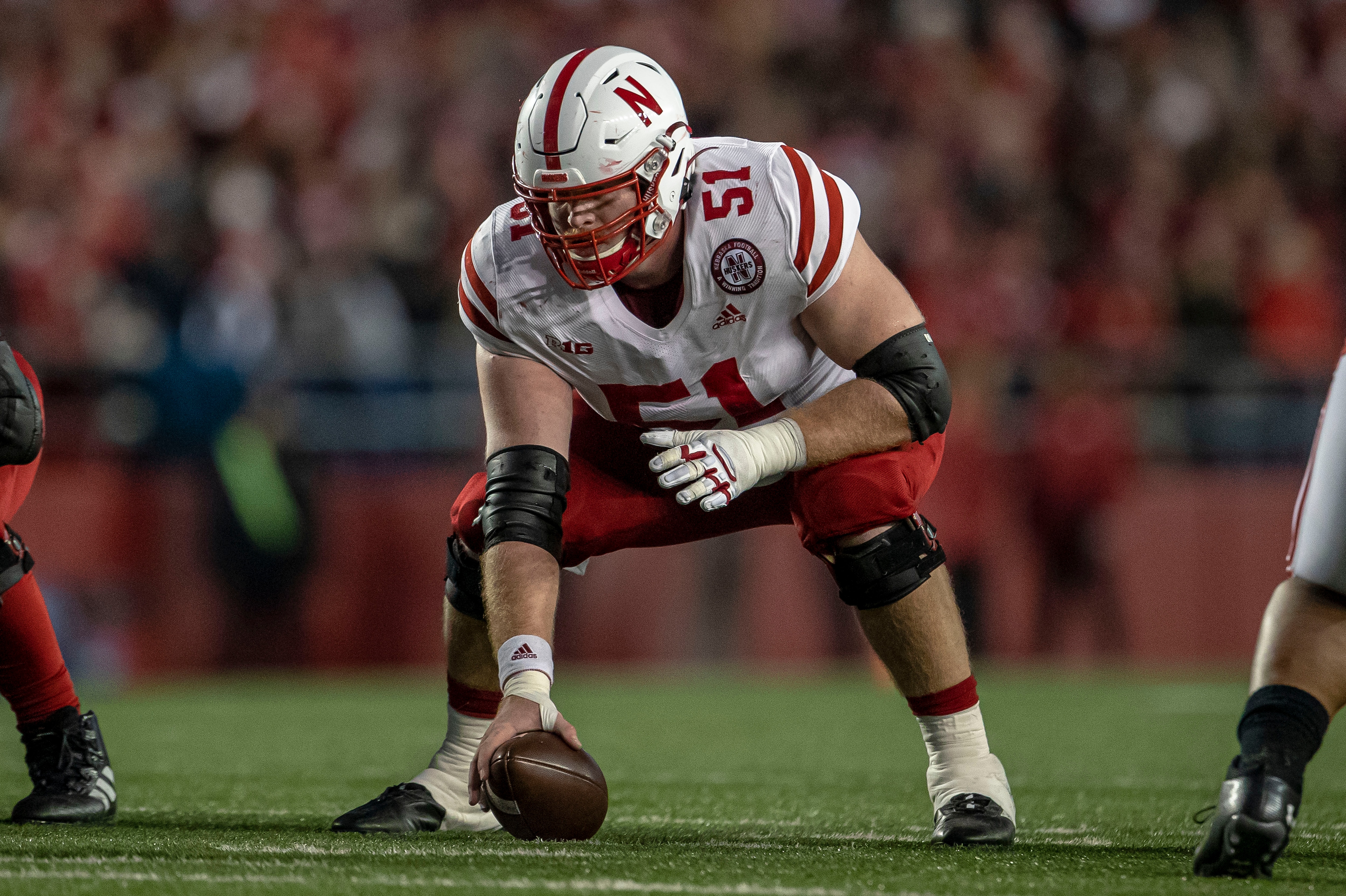 MADISON, WI - NOVEMBER 20: Nebraska Cornhuskers offensive lineman Cam Jurgens (51) awaits the snap durning a college football game between the Nebraska Cornhuskers and the Wisconsin Badgers on November 20th, 2021 at Camp Randall Stadium in Madison, WI. (Photo by Dan Sanger/Icon Sportswire via Getty Images)
