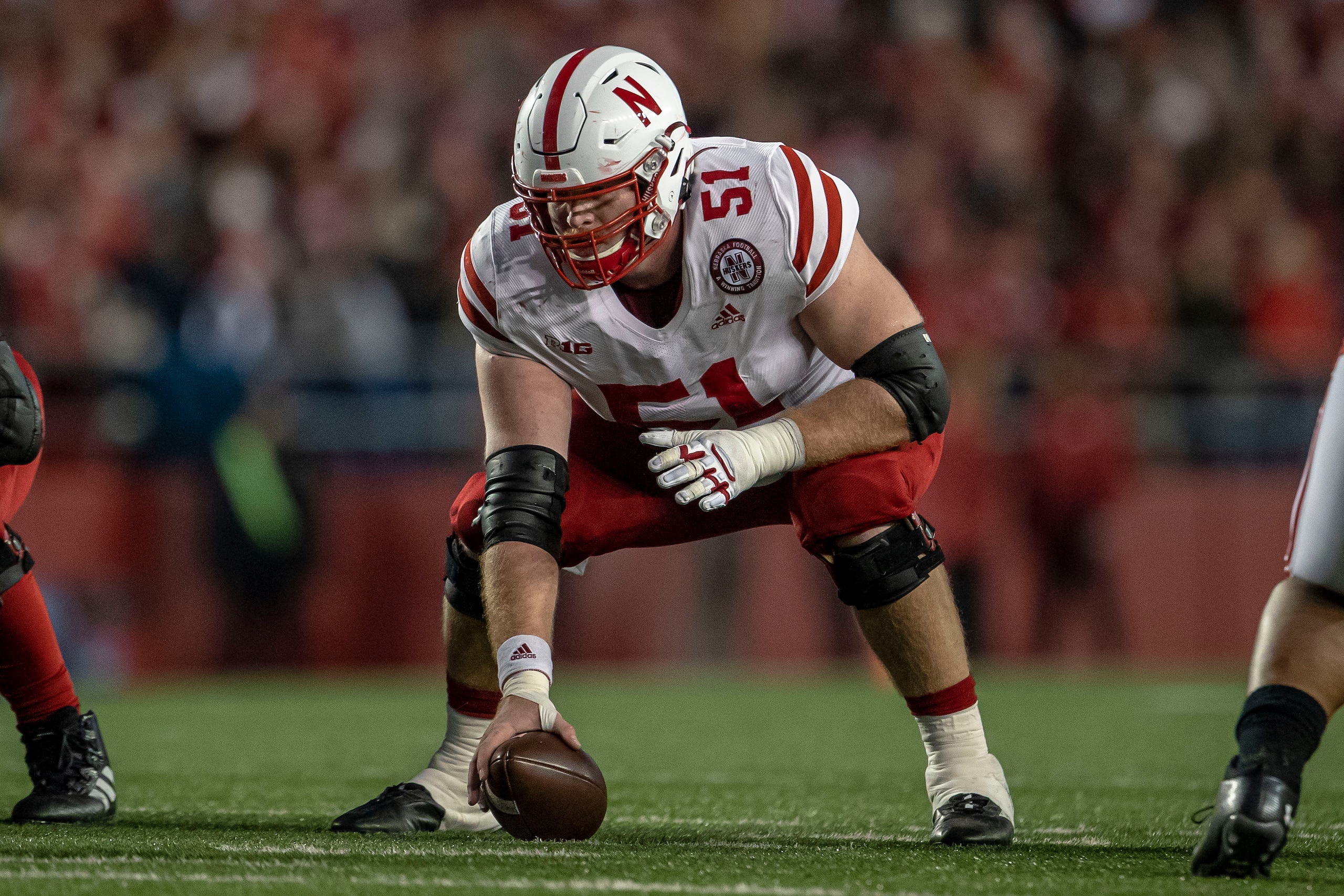 MADISON, WI - NOVEMBER 20: Nebraska Cornhuskers offensive lineman Cam Jurgens (51) awaits the snap durning a college football game between the Nebraska Cornhuskers and the Wisconsin Badgers on November 20th, 2021 at Camp Randall Stadium in Madison, WI. (Photo by Dan Sanger/Icon Sportswire via Getty Images)