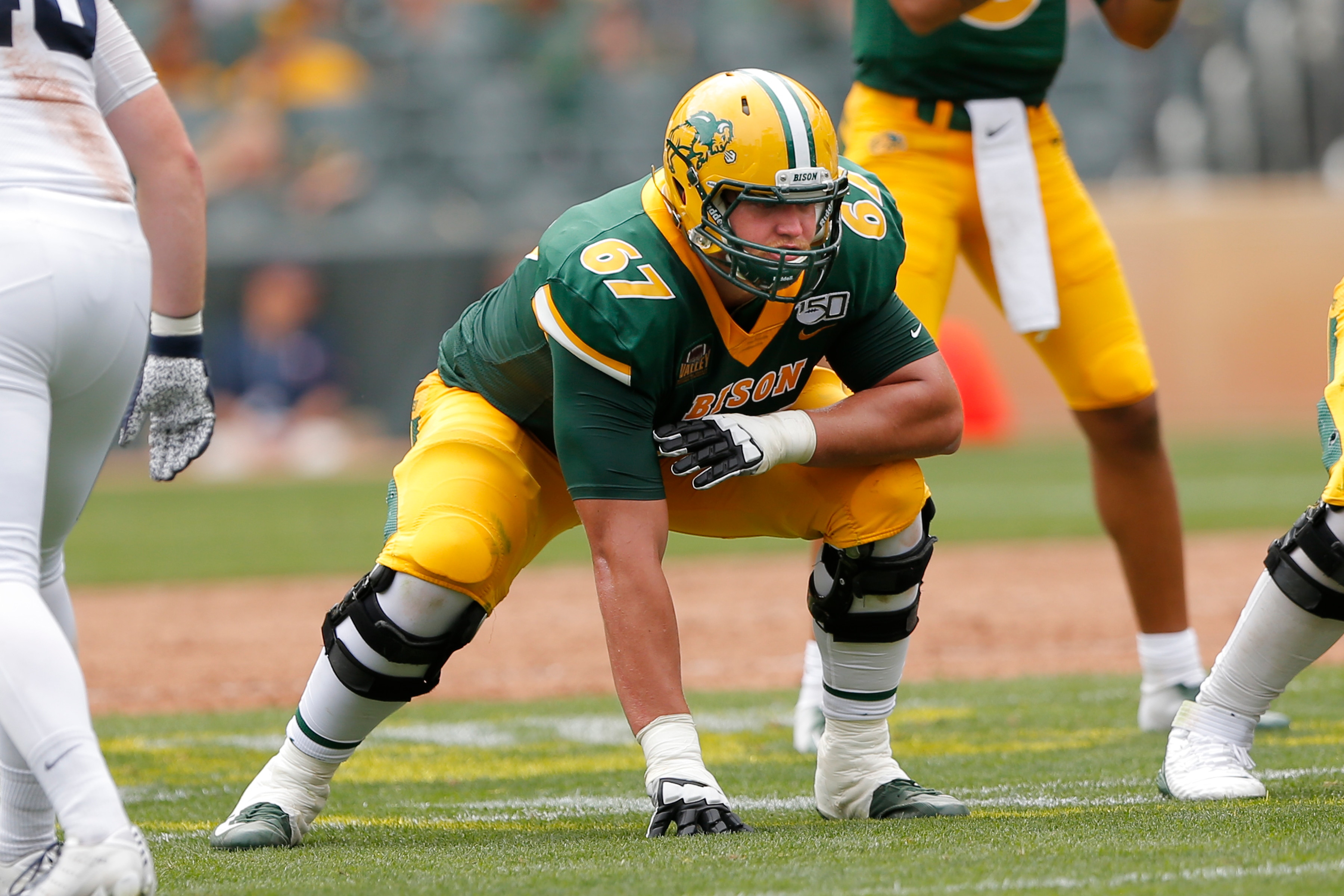 Minneapolis,  MN - AUGUST 31:North Dakota State Bison offensive tackle Cordell Volson  (67) during the game between the Butler Bulldogs vs North Dakota State Bison on August 31, 2019, at Target Field in Minneapolis, MN. (Photo by Jeffrey Brown/Icon Sportswire via Getty Images)
