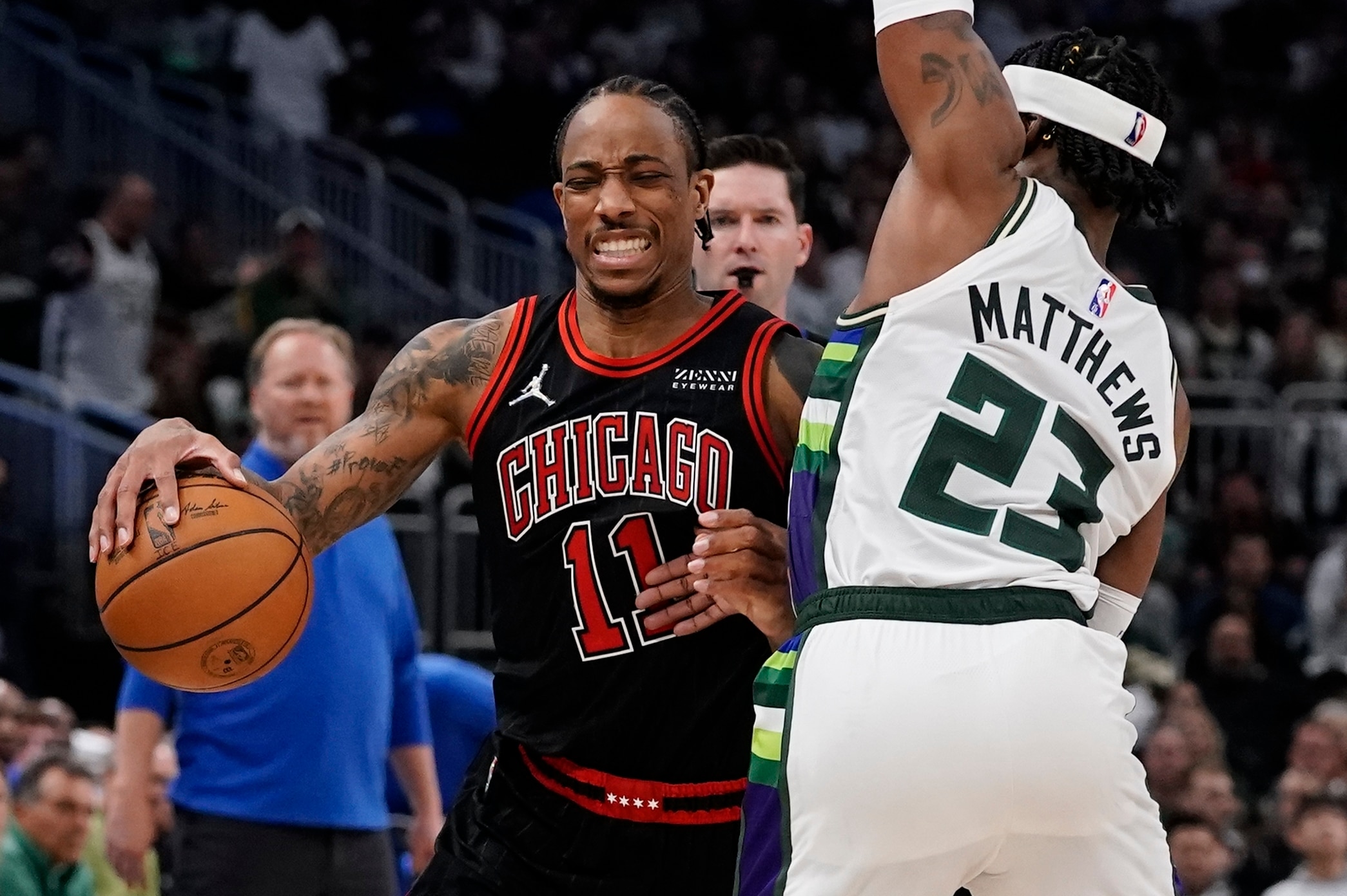 Chicago Bulls' DeMar DeRozan tries to get past Milwaukee Bucks' Wesley Matthews during the second half of Game 2 of their first round NBA playoff basketball game Wednesday, April 20, 2022, in Milwaukee. The Bulls won 114-110 to tie the series at 1-1. (AP Photo/Morry Gash) Chicago Bulls' DeMar DeRozan tries to get past Milwaukee Bucks' Wesley Matthews during the second half of Game 2 of their first round NBA playoff basketball game Wednesday, April 20, 2022, in Milwaukee. The Bulls won 114-110 to tie the series at 1-1. (AP Photo/Morry Gash)