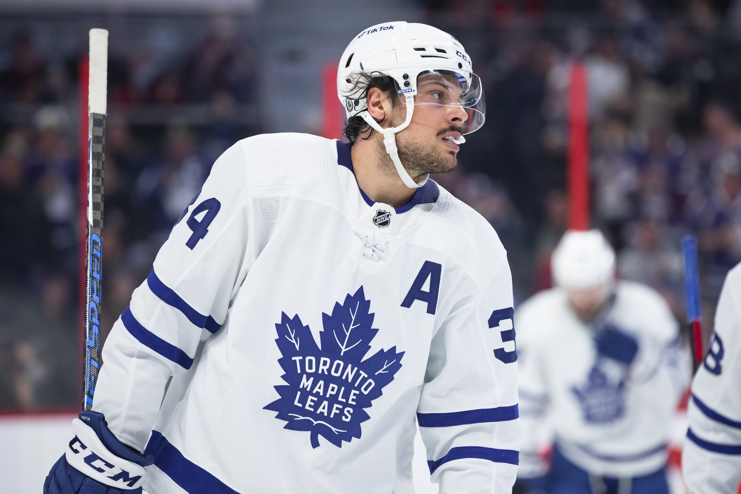 OTTAWA, ON - APRIL 16: Toronto Maple Leafs Center Auston Matthews (34) after a whistle during second period National Hockey League action between the Toronto Maple Leafs and Ottawa Senators on April 16, 2022, at Canadian Tire Centre in Ottawa, ON, Canada. (Photo by Richard A. Whittaker/Icon Sportswire via Getty Images)