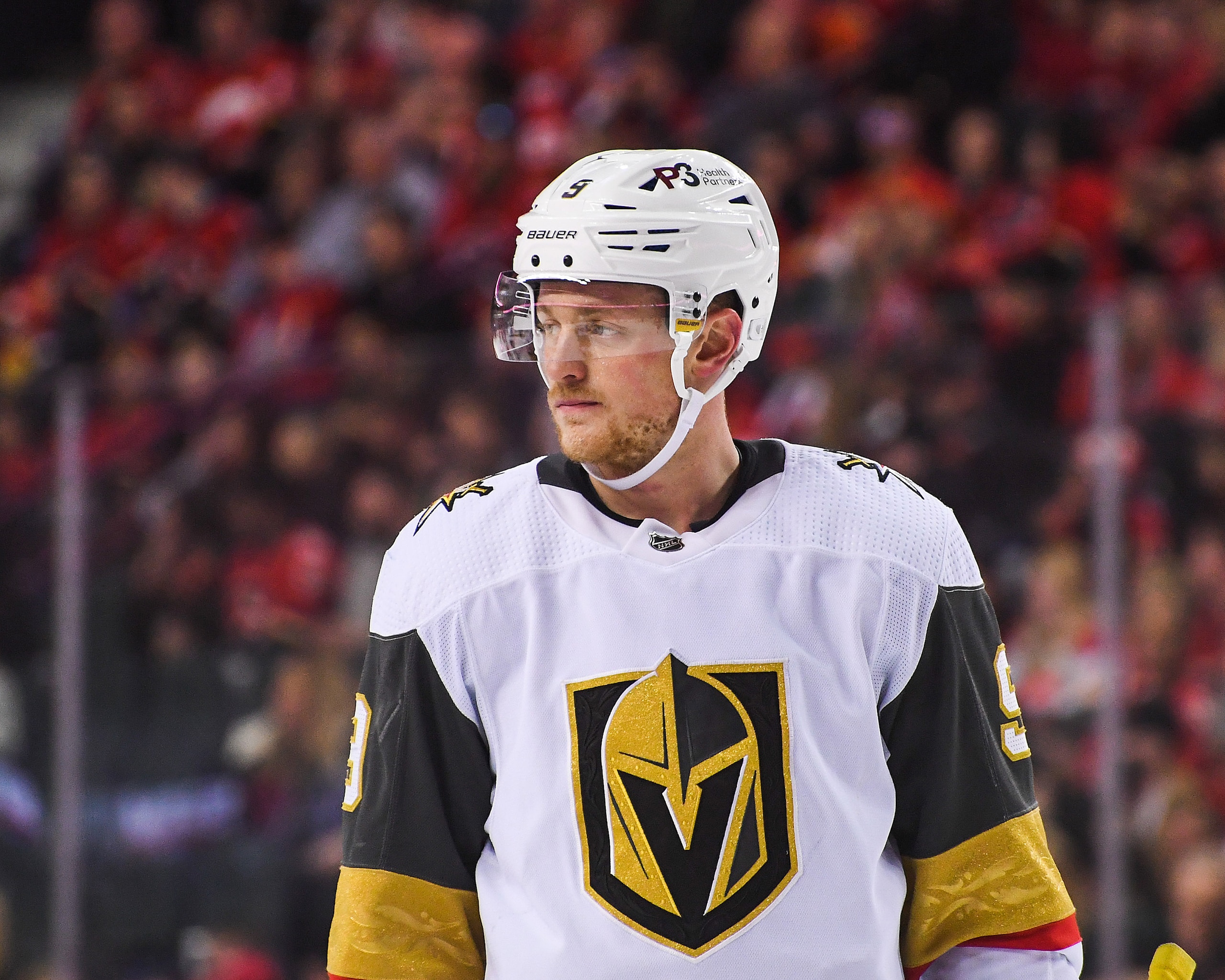 CALGARY, AB - APRIL 14: Jack Eichel #9 of the Vegas Golden Knights in action against the Calgary Flames during an NHL game at Scotiabank Saddledome on April 14, 2022 in Calgary, Alberta, Canada. (Photo by Derek Leung/Getty Images)
