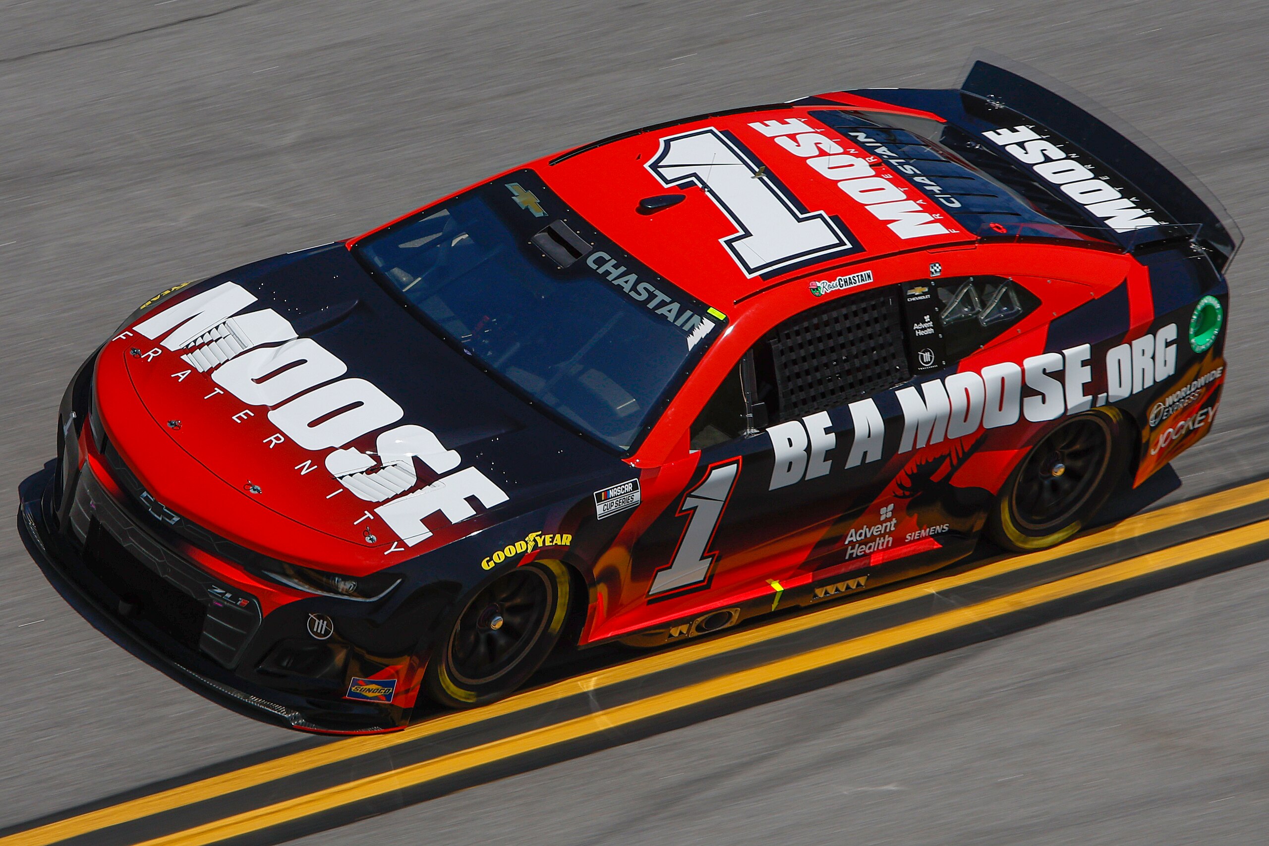 TALLADEGA, ALABAMA - APRIL 23: Ross Chastain, driver of the #1 Moose Fraternity Chevrolet, drives during qualifying for the NASCAR Cup Series GEICO 500 at Talladega Superspeedway on April 23, 2022 in Talladega, Alabama. (Photo by Sean Gardner/Getty Images)