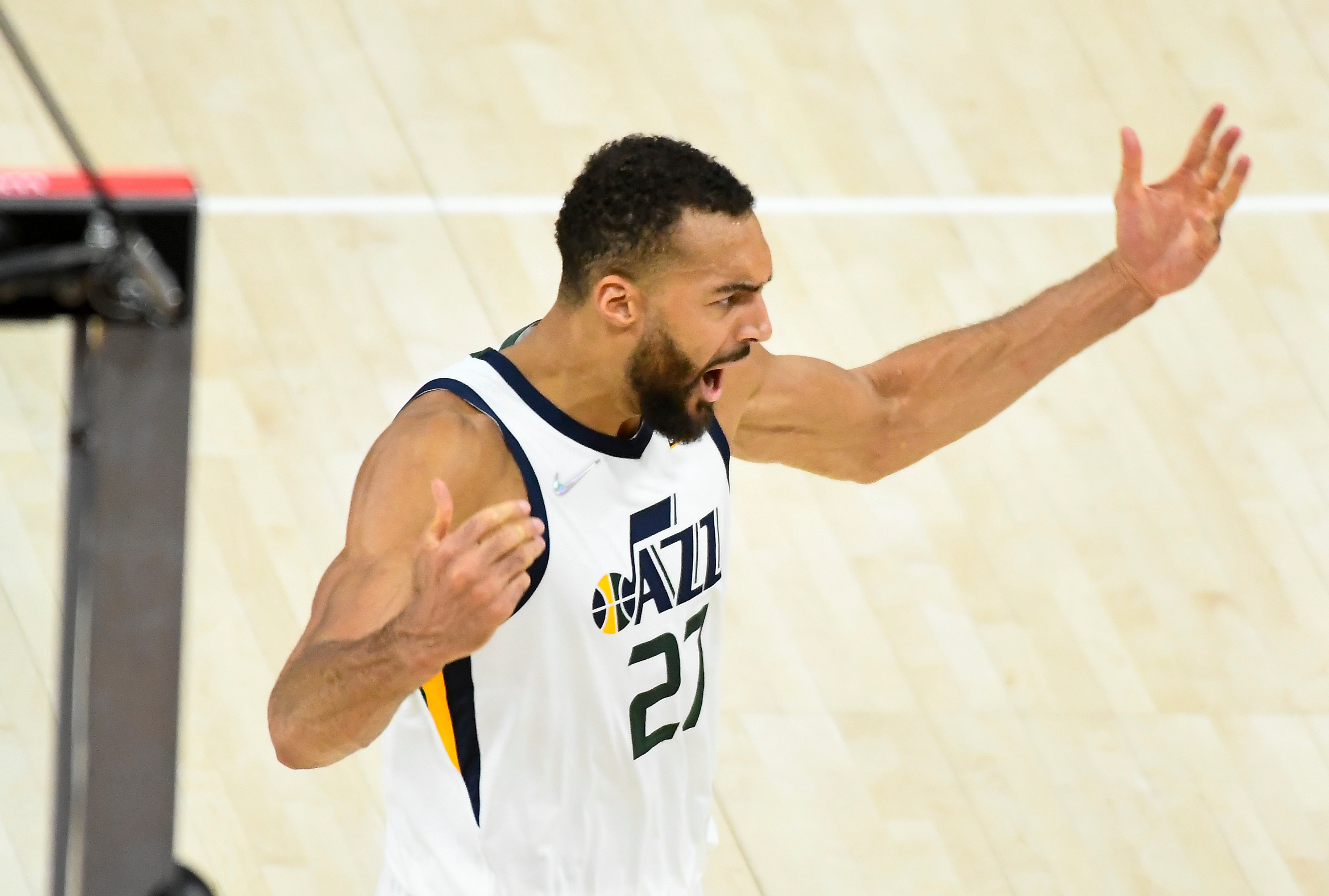 SALT LAKE CITY, UTAH - APRIL 23: Rudy Gobert #27 of the Utah Jazz celebrates a win after Game Four of the Western Conference First Round Playoffs against the Dallas Mavericks at Vivint Smart Home Arena on April 23, 2022 in Salt Lake City, Utah. NOTE TO USER: User expressly acknowledges and agrees that, by downloading and/or using this Photograph, user is consenting to the terms and conditions of the Getty Images License Agreement. (Photo by Alex Goodlett/Getty Images)