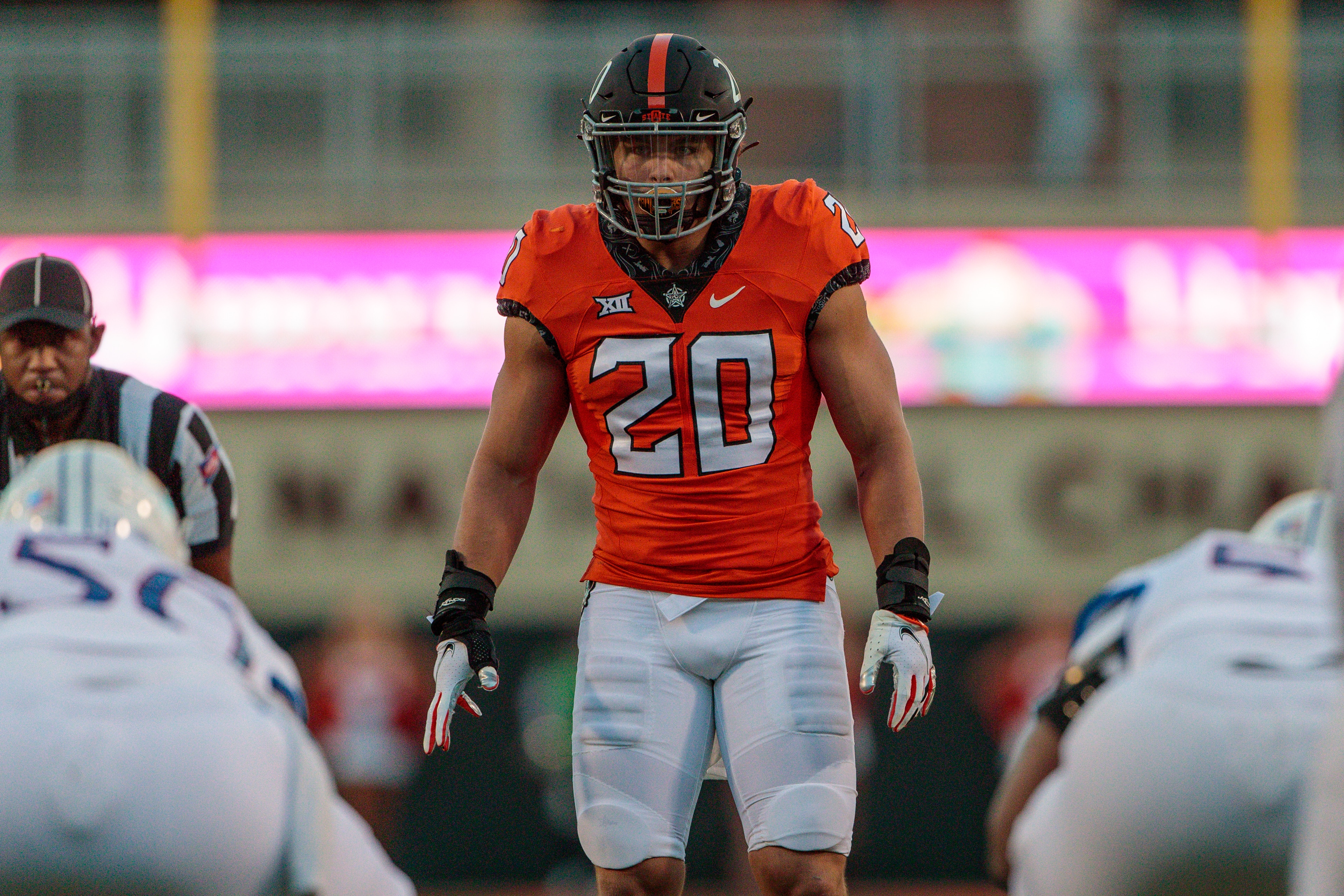 STILLWATER, OK - OCTOBER 30: Oklahoma State Cowboys linebacker Malcolm Rodriguez (20) waits for the play against the Kansas Jayhawks on October 30, 2021 at Boone Pickens Stadium in Stillwater, Oklahoma. (Photo by William Purnell/Icon Sportswire via Getty Images)