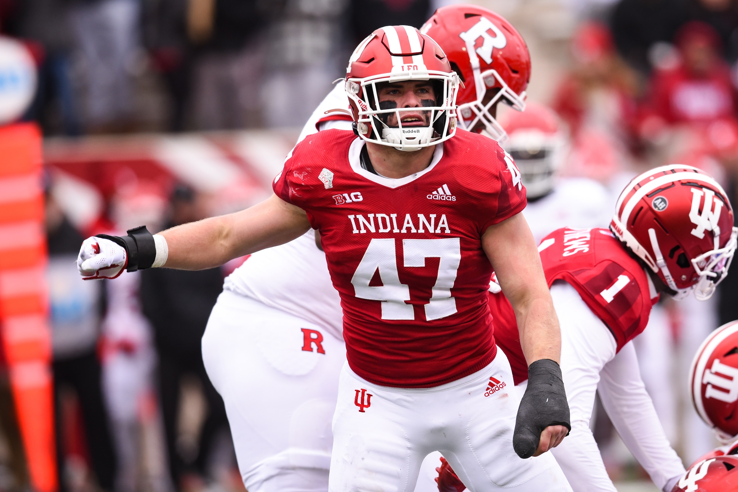 BLOOMINGTON, IN - NOVEMBER 13: Indiana LB Micah McFadden (47) during a college football game between the Rutgers Scarlet Knights and Indiana Hoosiers on November 13, 2021 at Memorial Stadium in Bloomington, IN.  (Photo by James Black/Icon Sportswire via Getty Images)