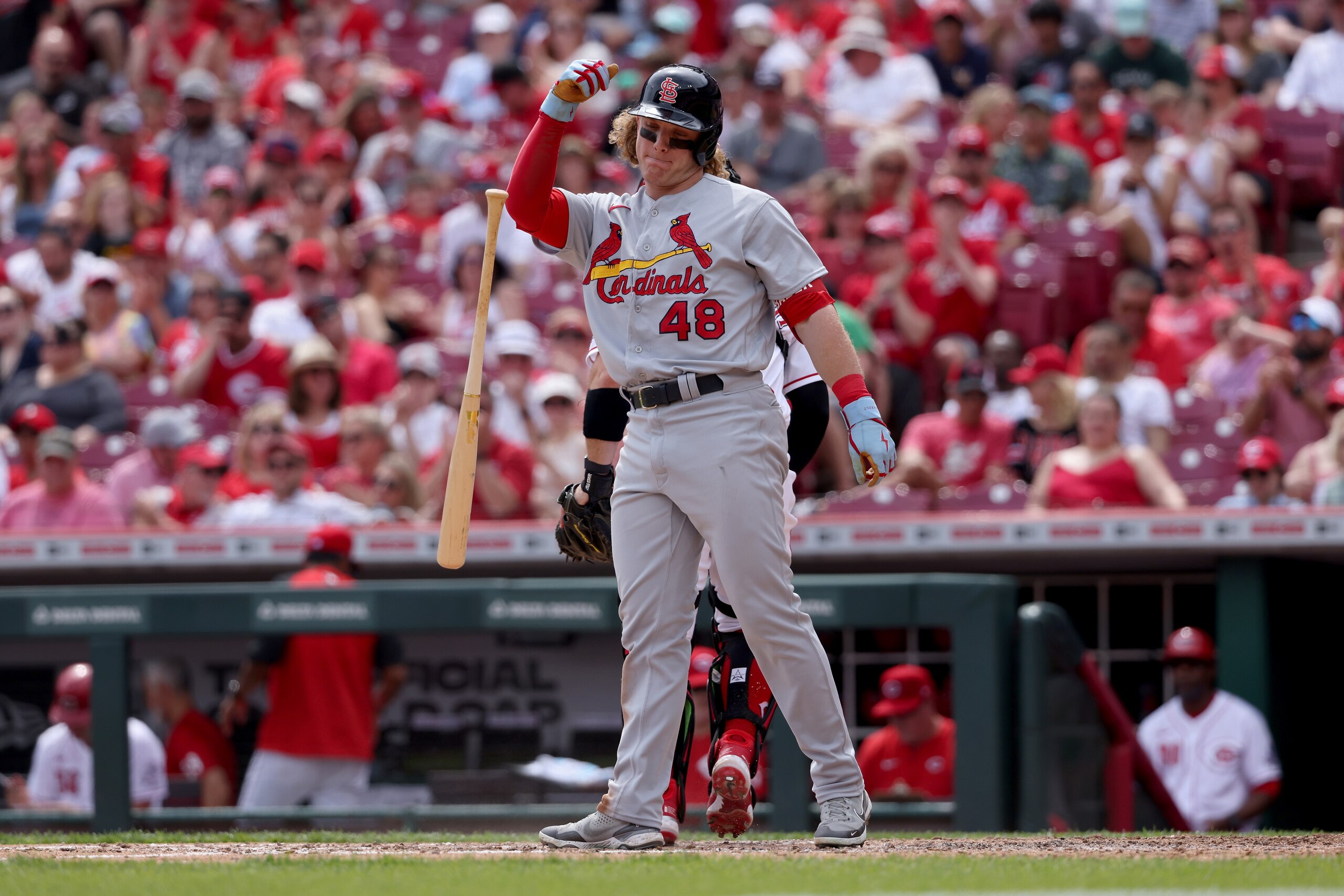 CINCINNATI, OHIO - APRIL 24: Harrison Bader #48 of the St. Louis Cardinals reacts after striking out in the fifth inning against the Cincinnati Reds at Great American Ball Park on April 24, 2022 in Cincinnati, Ohio. (Photo by Dylan Buell/Getty Images)