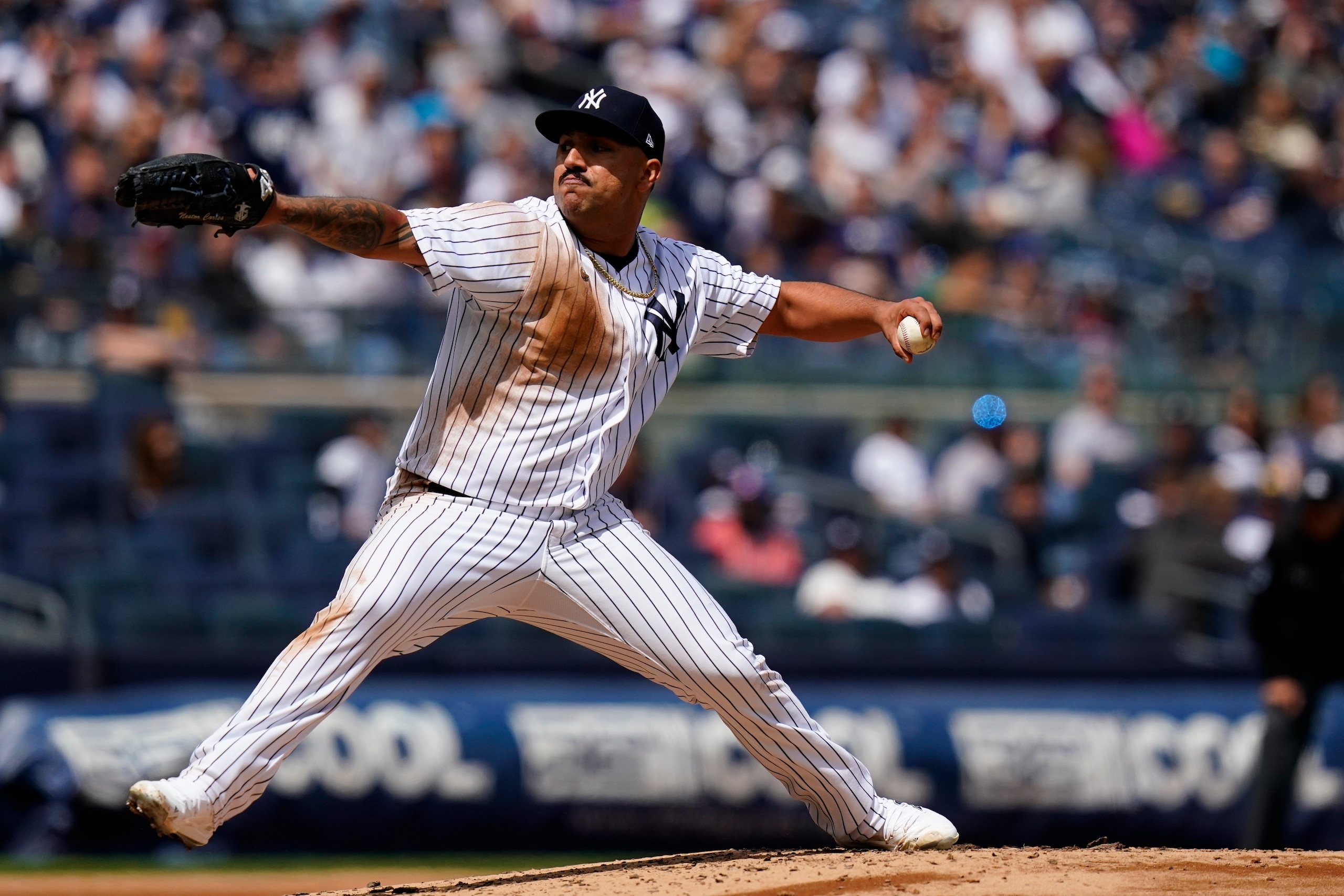 New York Yankees' Nestor Cortes pitches during the fourth inning of a baseball game against the Cleveland Guardians Saturday, April 23, 2022, in New York. (AP Photo/Frank Franklin II)