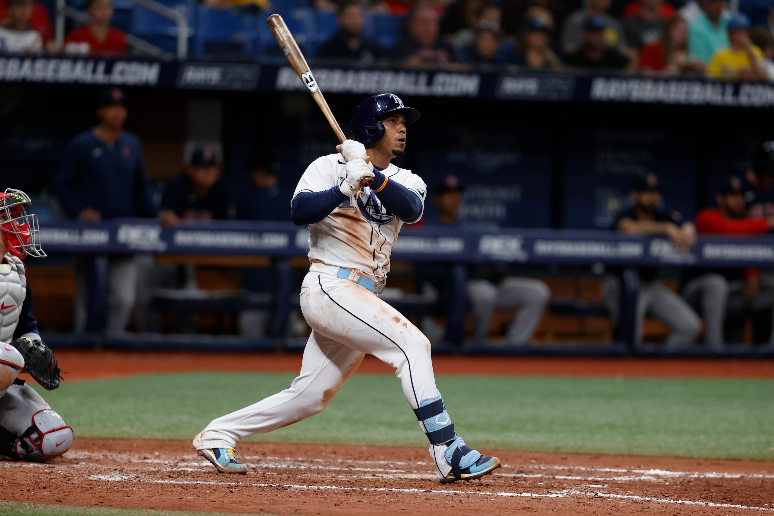 Tampa Bay Rays' Wander Franco watches the ball after hitting home run during the sixth inning of a baseball game against the Boston Red Sox Friday, April, 22, 2022, in St. Petersburg, Fla. (AP Photo/Scott Audette)
