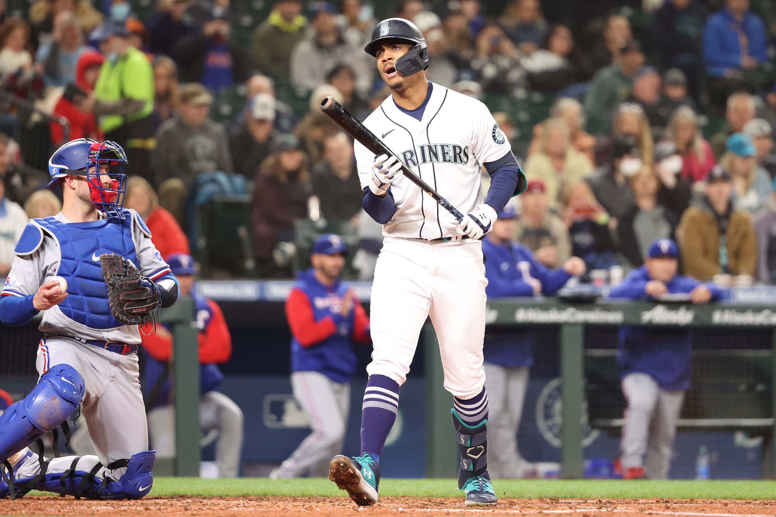SEATTLE, WASHINGTON - APRIL 21: Julio Rodriguez #44 of the Seattle Mariners reacts after striking out against the Texas Rangers during the third inning at T-Mobile Park on April 21, 2022 in Seattle, Washington. (Photo by Abbie Parr/Getty Images)