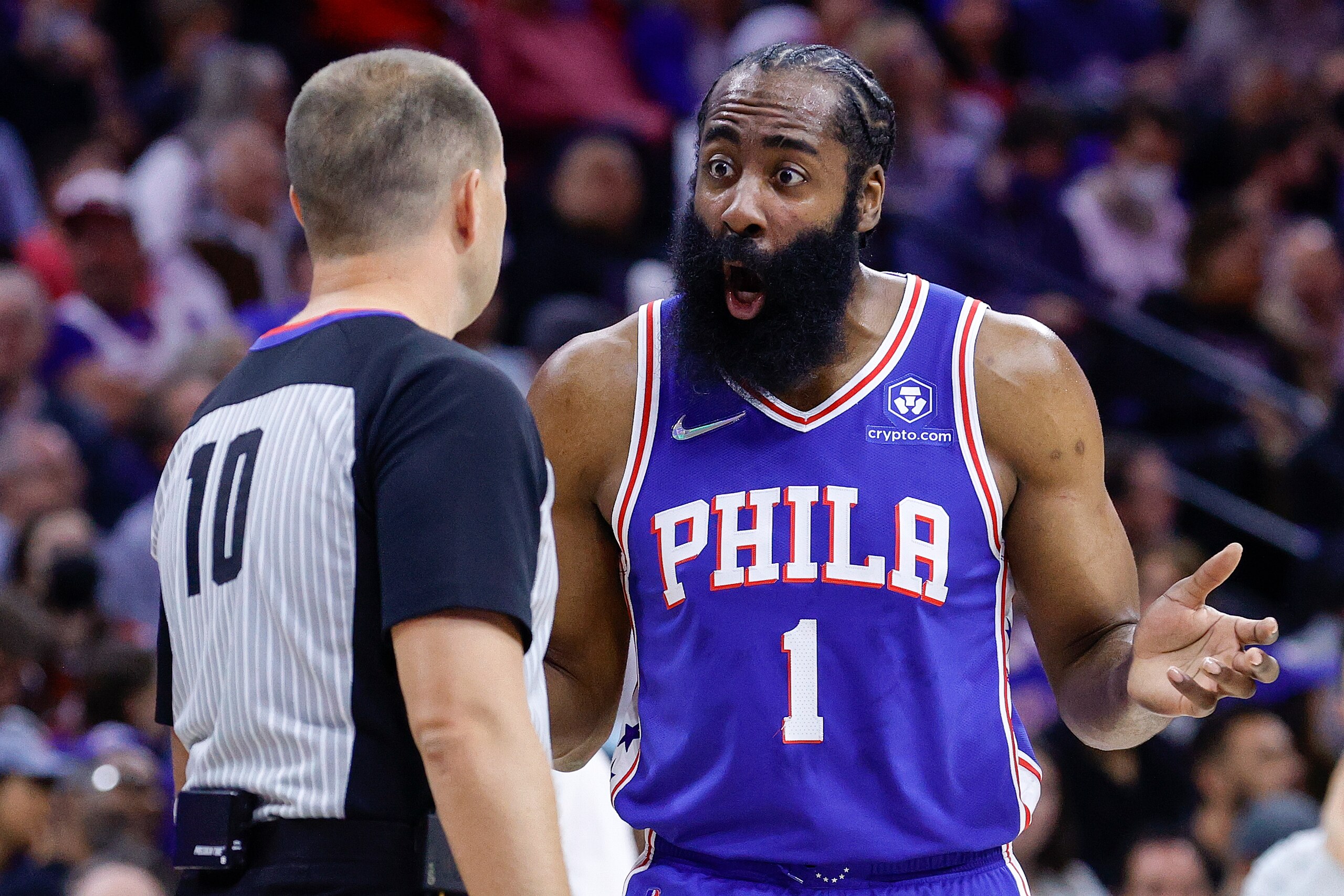 PHILADELPHIA, PENNSYLVANIA - APRIL 25: James Harden #1 of the Philadelphia 76ers reacts to a call in the first quarter against the Toronto Raptors during Game Five of the Eastern Conference First Round at Wells Fargo Center on April 25, 2022 in Philadelphia, Pennsylvania. NOTE TO USER: User expressly acknowledges and agrees that, by downloading and or using this photograph, User is consenting to the terms and conditions of the Getty Images License Agreement. (Photo by Tim Nwachukwu/Getty Images)