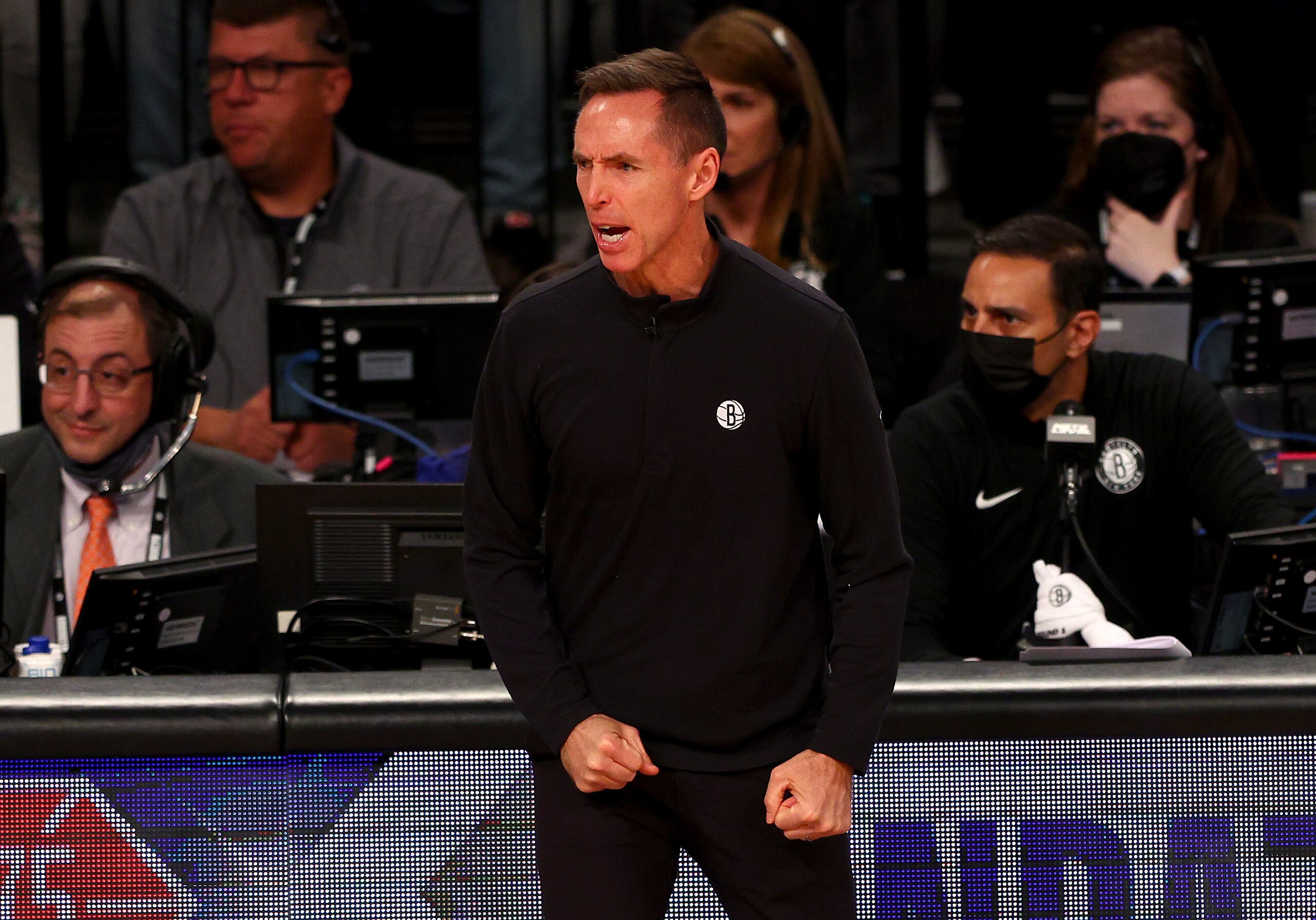 NEW YORK, NEW YORK - APRIL 25: Head coach Steve Nash of the Brooklyn Nets reacts after a foul is called against one of his players in the first quarter of Game Four of the Eastern Conference First Round Playoffs against the Boston Celtics at Barclays Center on April 25, 2022 in the Brooklyn borough of New York City. NOTE TO USER: User expressly acknowledges and agrees that, by downloading and or using this photograph, User is consenting to the terms and conditions of the Getty Images License Agreement. (Photo by Elsa/Getty Images)