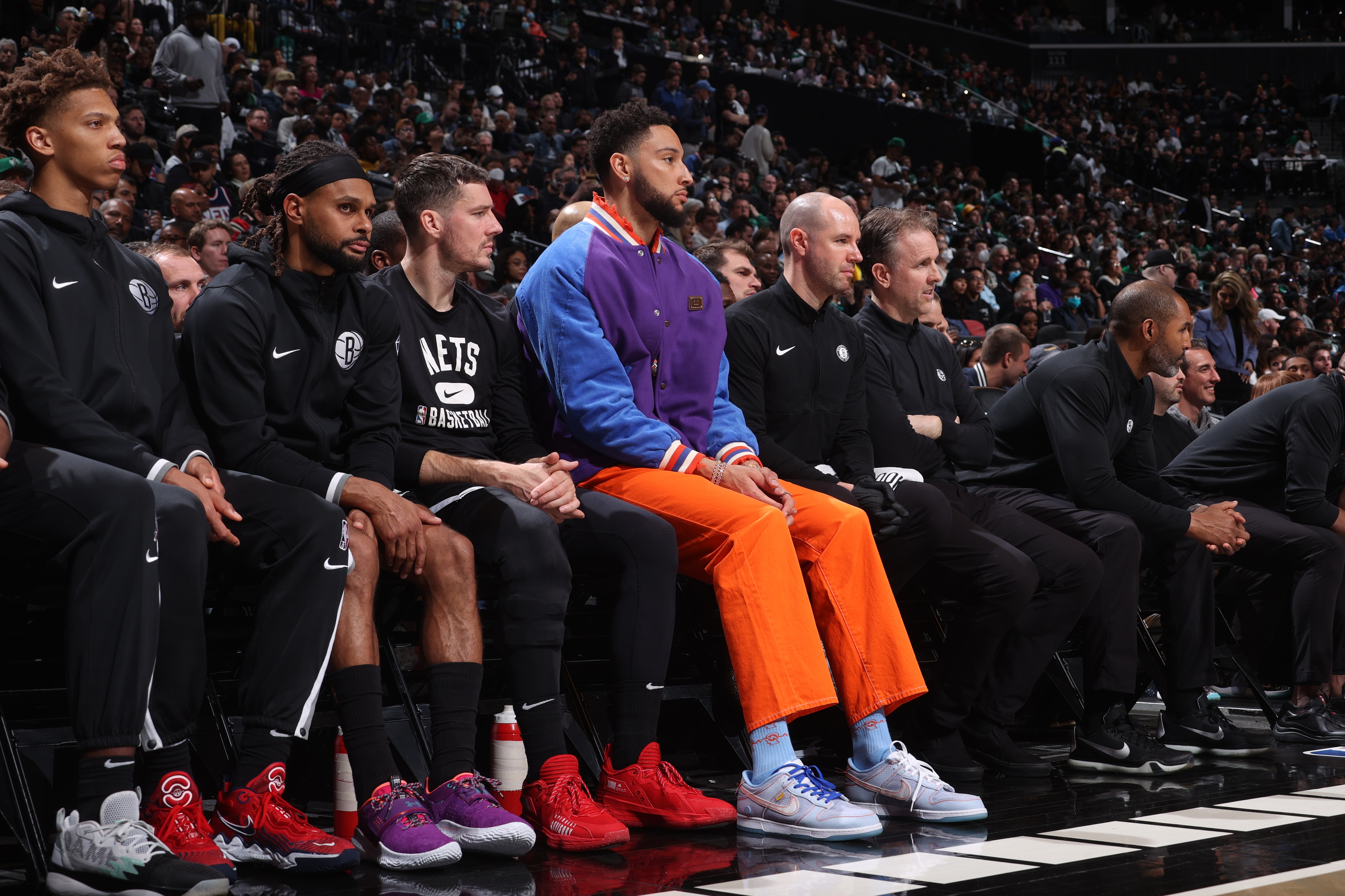 BROOKLYN, NY - APRIL 23: Ben Simmons #10 of the Brooklyn Nets looks on against the Boston Celtics during Round 1 Game 3 of the 2022 NBA Playoffs on April 23, 2022 at Barclays Center in Brooklyn, New York. NOTE TO USER: User expressly acknowledges and agrees that, by downloading and or using this Photograph, user is consenting to the terms and conditions of the Getty Images License Agreement. Mandatory Copyright Notice: Copyright 2022 NBAE (Photo by Nathaniel S. Butler/NBAE via Getty Images)